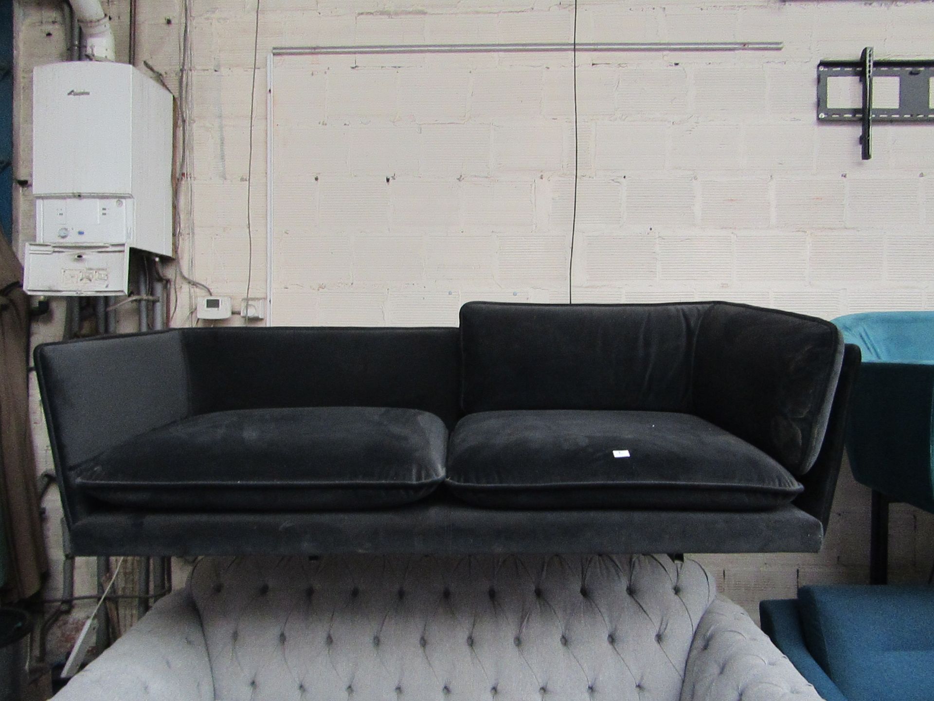 | 1X | MADE.COM WES 2 SEATER SOFA, MOURNE GREY VELVET | MISSING BACK CUSHION & MAY HAVE SMALL