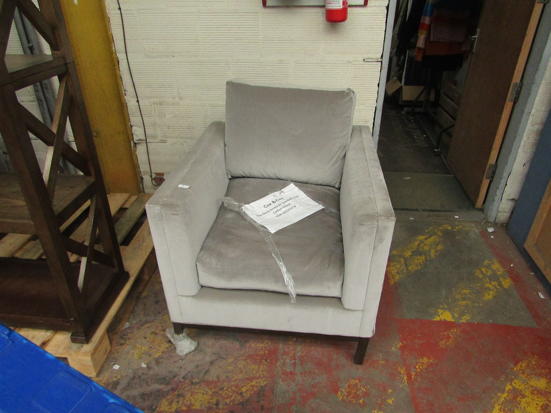 | 1x | COX & COX DECO ARMCHAIR SWEDISH GREY COTTON VELVET | SCUFF MARKS & SLIGHT RIP ON SIDE PRESENT