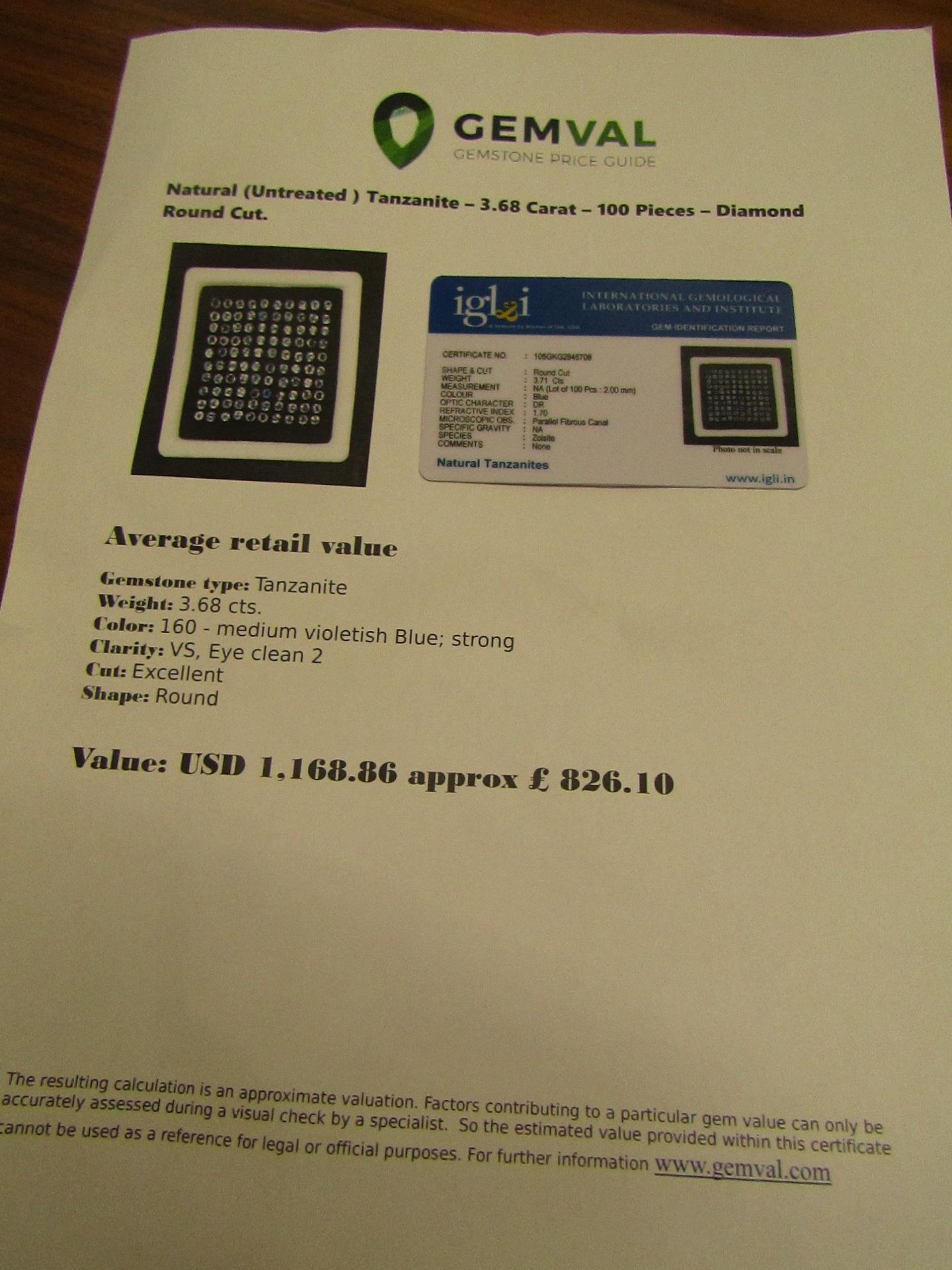 Natural (Untreated ) Tanzanite – 3.68 Carat – 100 Pieces – Diamond Round Cut. Average retail - Image 2 of 2