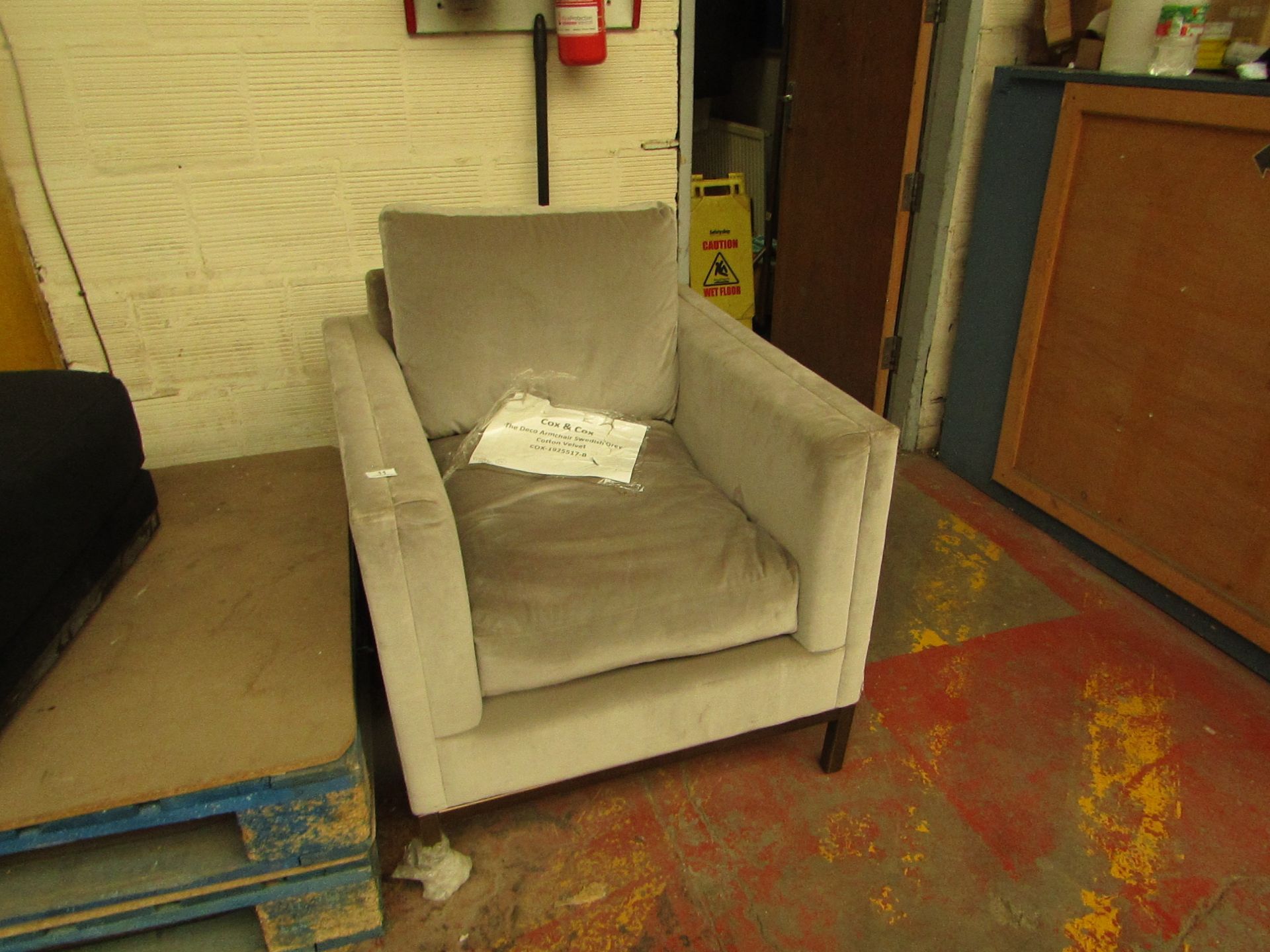 | 1x | COX & COX DECO ARMCHAIR SWEDISH GREY COTTON VELVET | SCUFF MARKS & SLIGHT RIP ON SIDE PRESENT