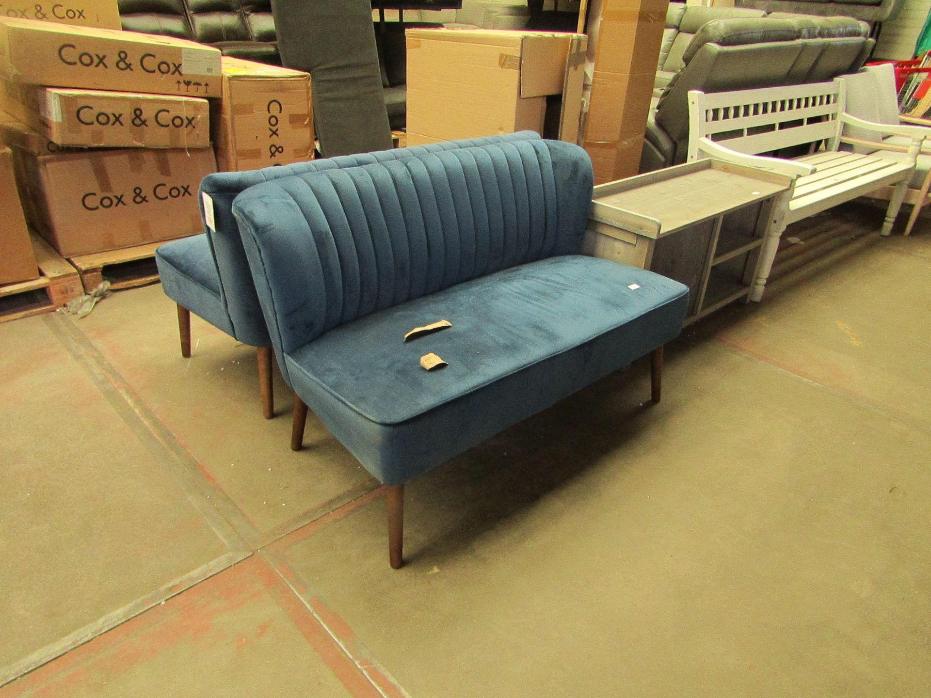 | 1X | COX AND COX BLUE VELVET FLUTED SOFA | BACK OF SOFA APPEARS TO HAVE A SMALL HOLE | RRP CIRCA