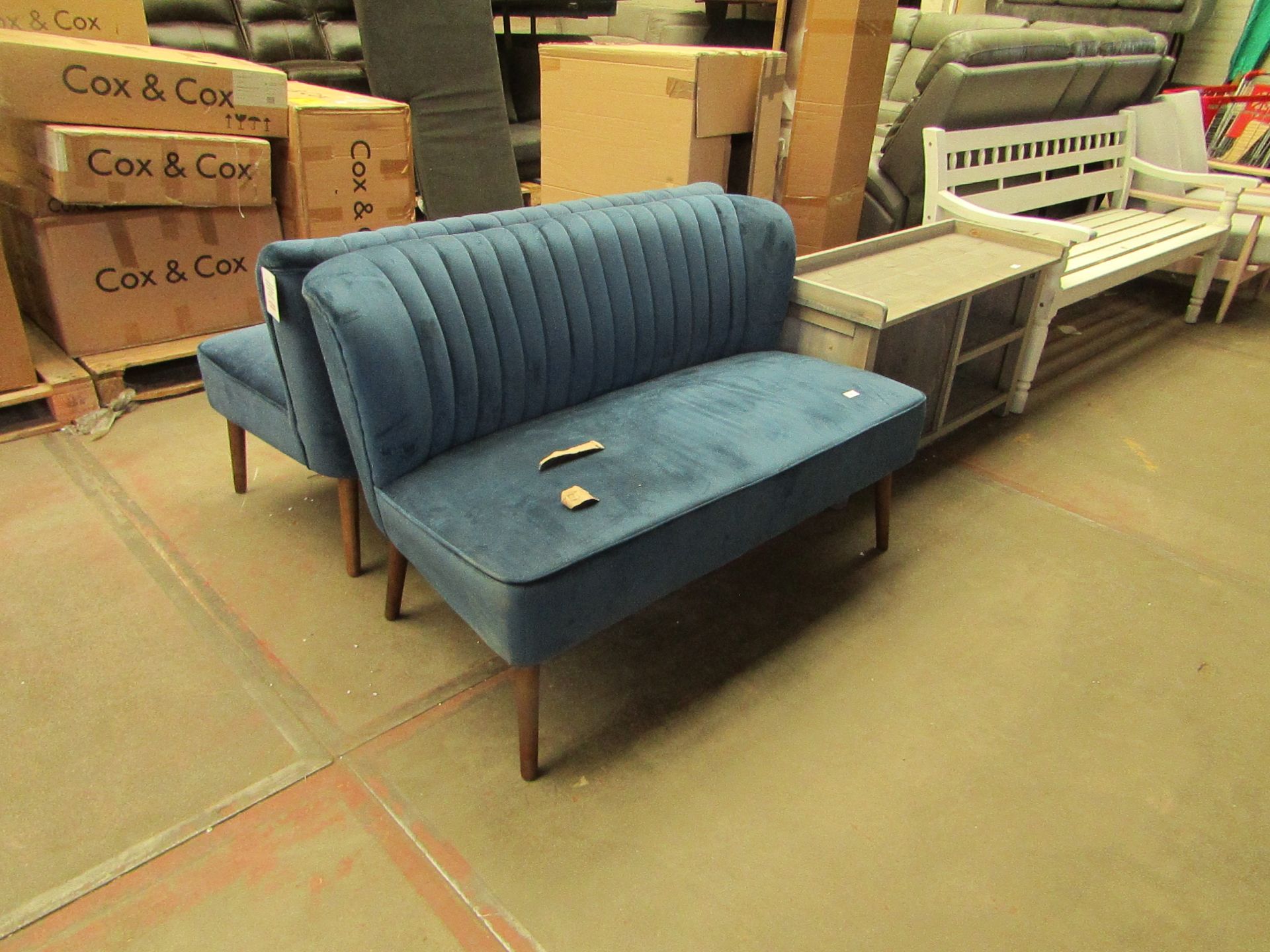 | 1X | COX AND COX BLUE VELVET FLUTED SOFA | BACK OF SOFA APPEARS TO HAVE AN AREA THAT IS REFUBISHED