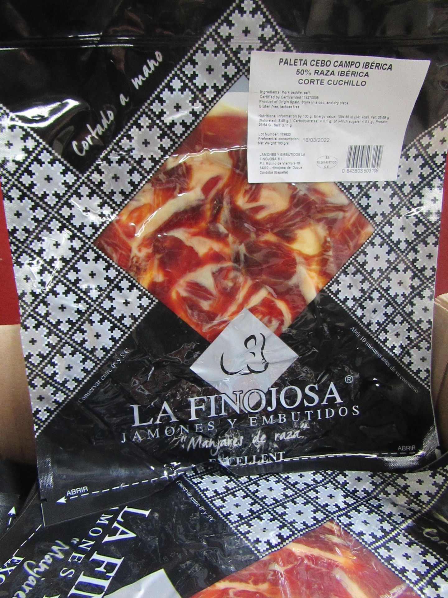 5 x La Finojosa 100g packets Sliced Iberian cured ham in slices. BB 18.3.22 RRP £16.25 per packet on