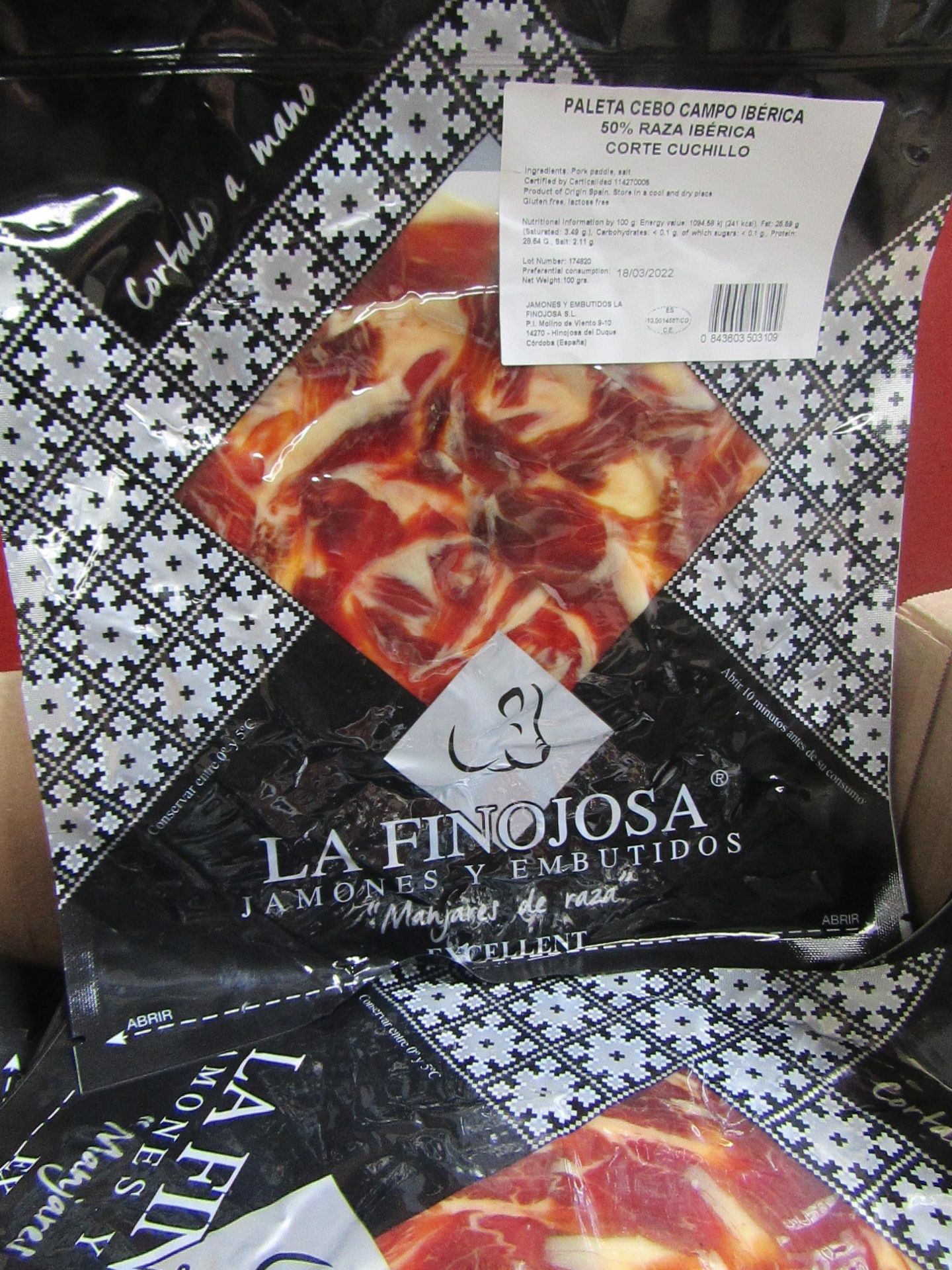 10 x La Finojosa 100g packets Sliced Iberian cured ham in slices. BB 18.3.22 RRP £16.25 per packet