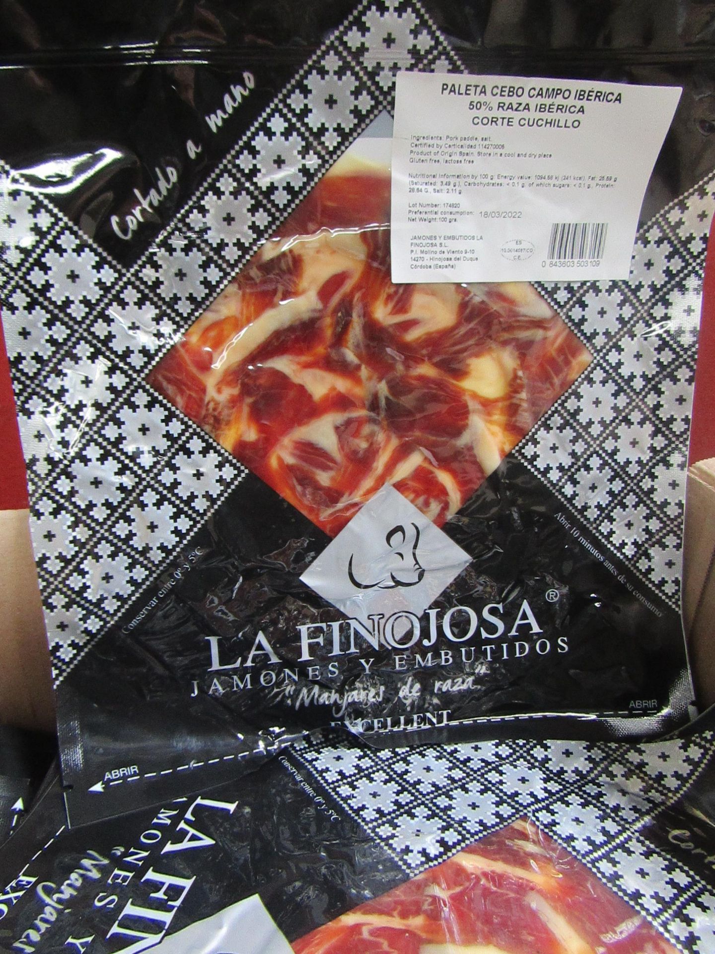 5 x La Finojosa 100g packets Sliced Iberian cured ham in slices. BB 18.3.22 RRP £16.25 per packet on