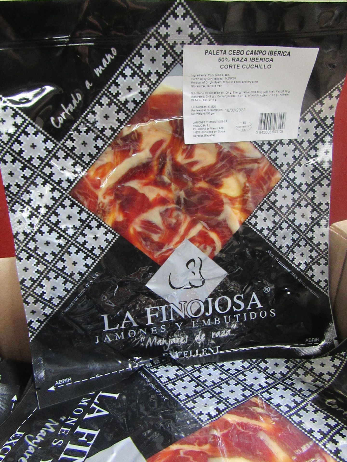 10 x La Finojosa 100g packets Sliced Iberian cured ham in slices. BB 18.3.22 RRP £16.25 per packet