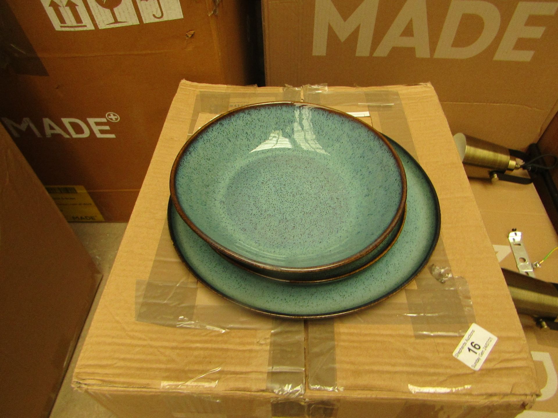 1 x Made.com Krisha 12 Piece Reactive Glaze Dinner Set Turquoise and Charcoal RRP £99 SKU MAD-