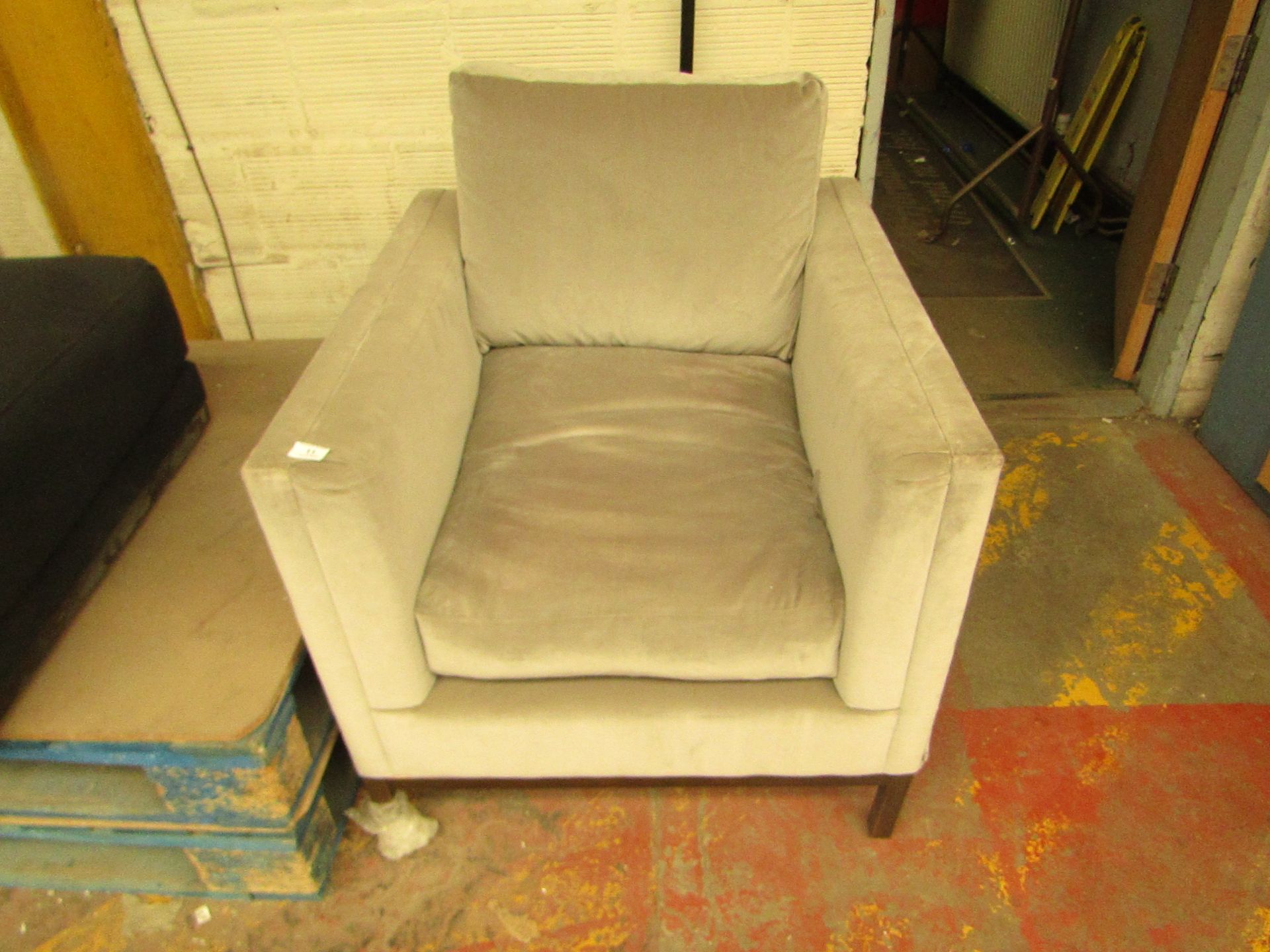 | 1x | COX & COX DECO ARMCHAIR SWEDISH GREY COTTON VELVET | SCUFF MARKS & SLIGHT RIP ON SIDE PRESENT