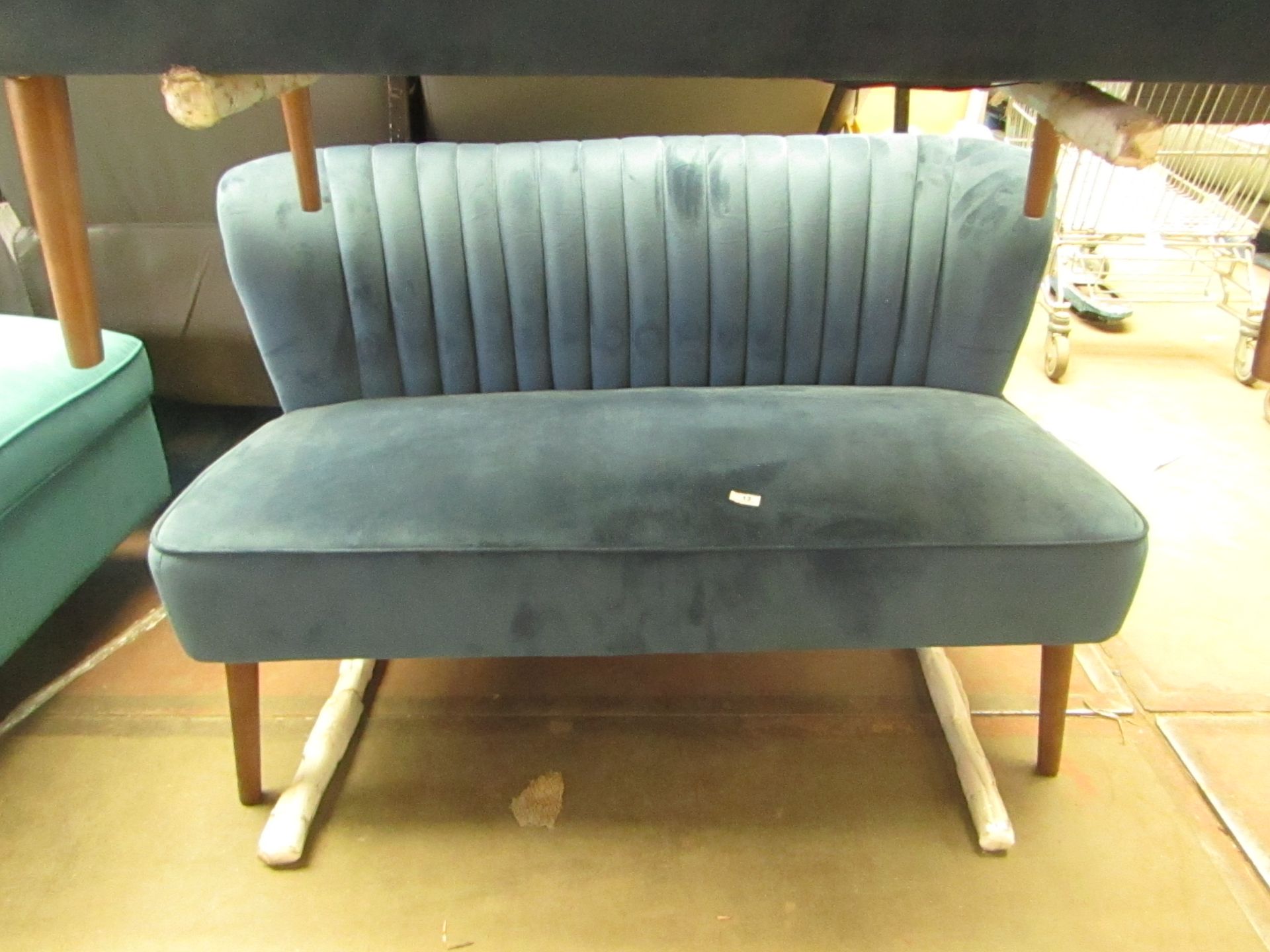 | 1X | COX AND COX BLUE VELVET FLUTED SOFA | BACK OF SOFA APPEARS TO HAVE A SMALL HOLE | RRP CIRCA