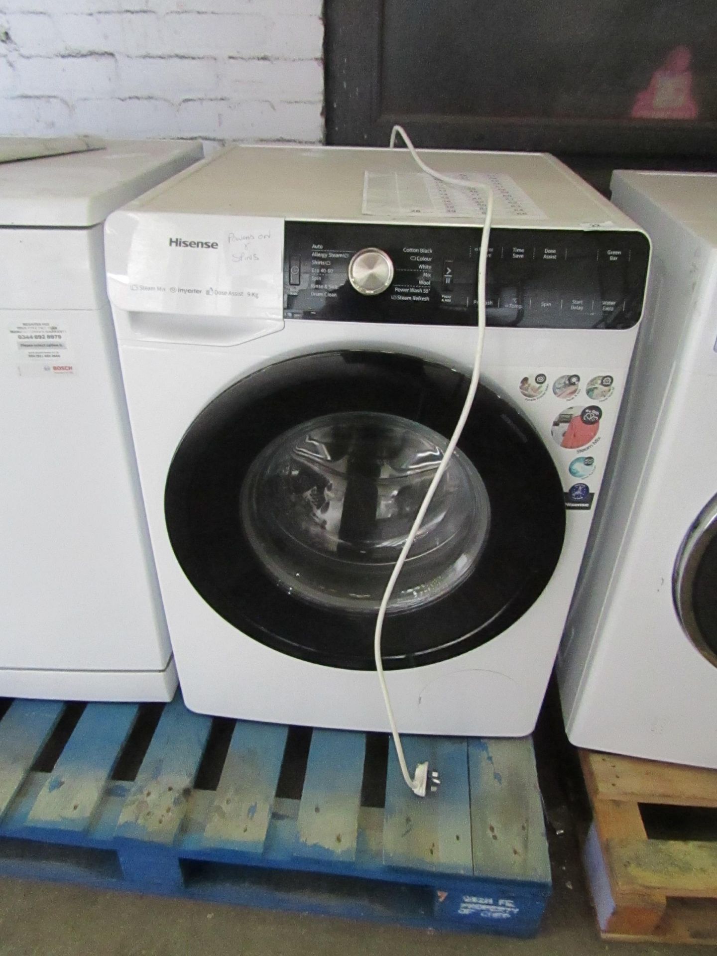 Hisense 9KG washing Machine with dose assist, Powers on and spins but we have not conencted it to