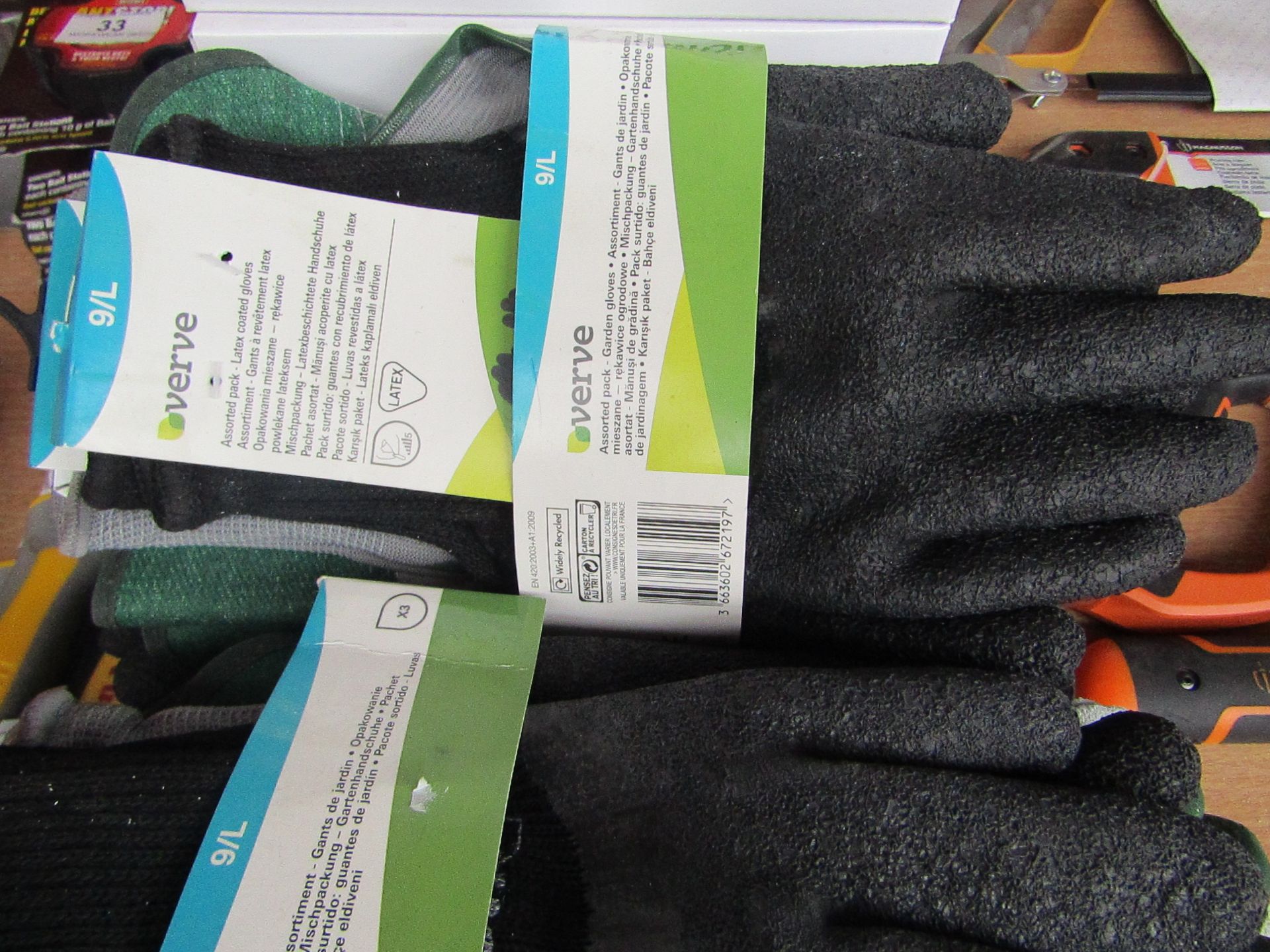Verve - 3 Piece Assorted Set of Latex Coated Gloves - Size 9/L - Unused.