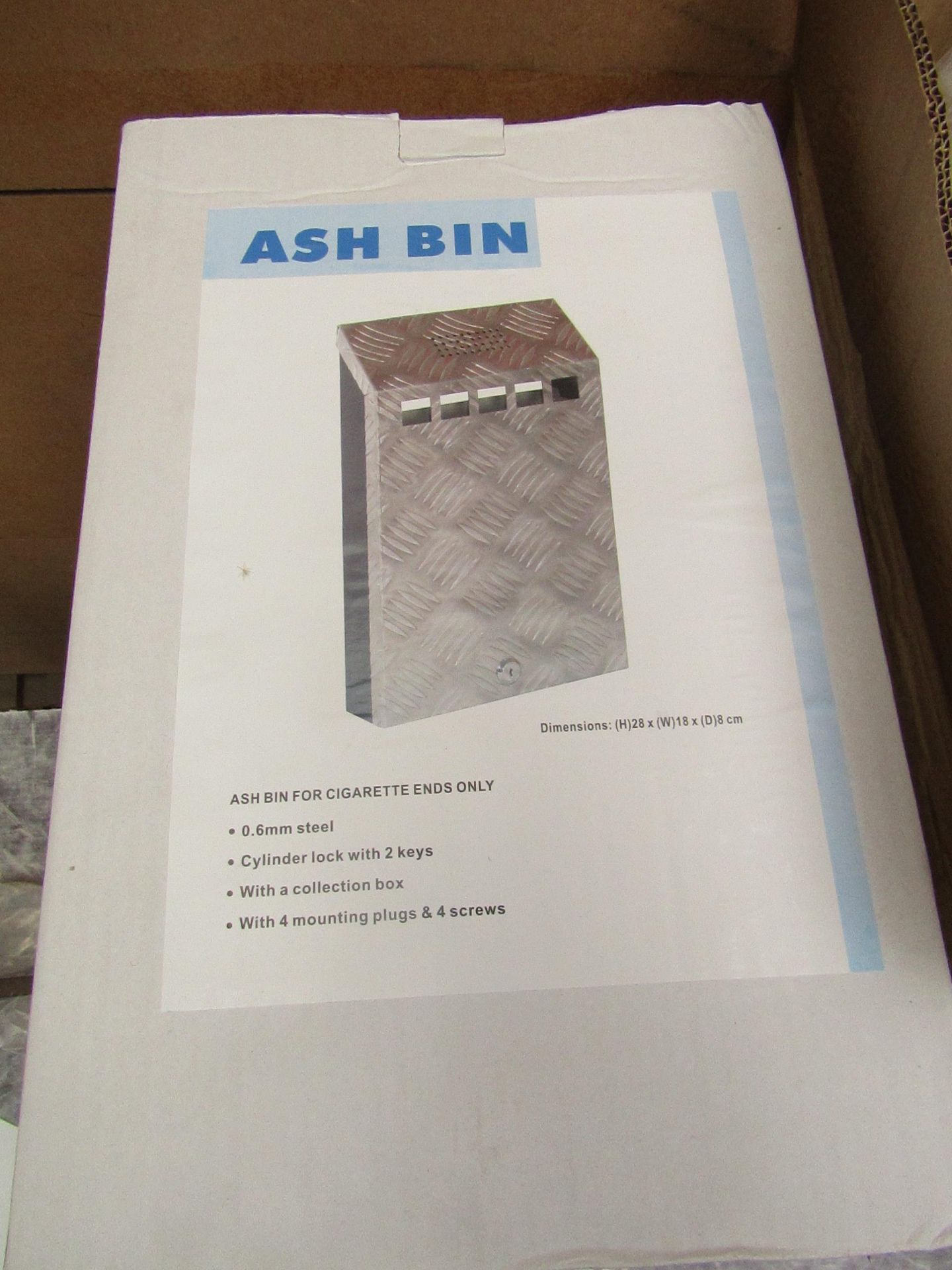 1X ASH BIN, FOR CIGARETTE ENDS ONLY, 28 X 18 X 8CM, NEW & BOXED.