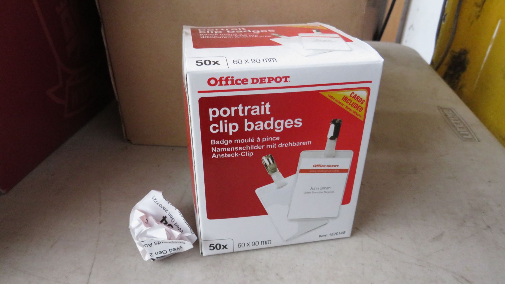 1X OFFICE DEPOT BOX OF 4 PORTRAIT CLIP BADGES, 60CM X 90 CM, UNCHECKED IN BOX