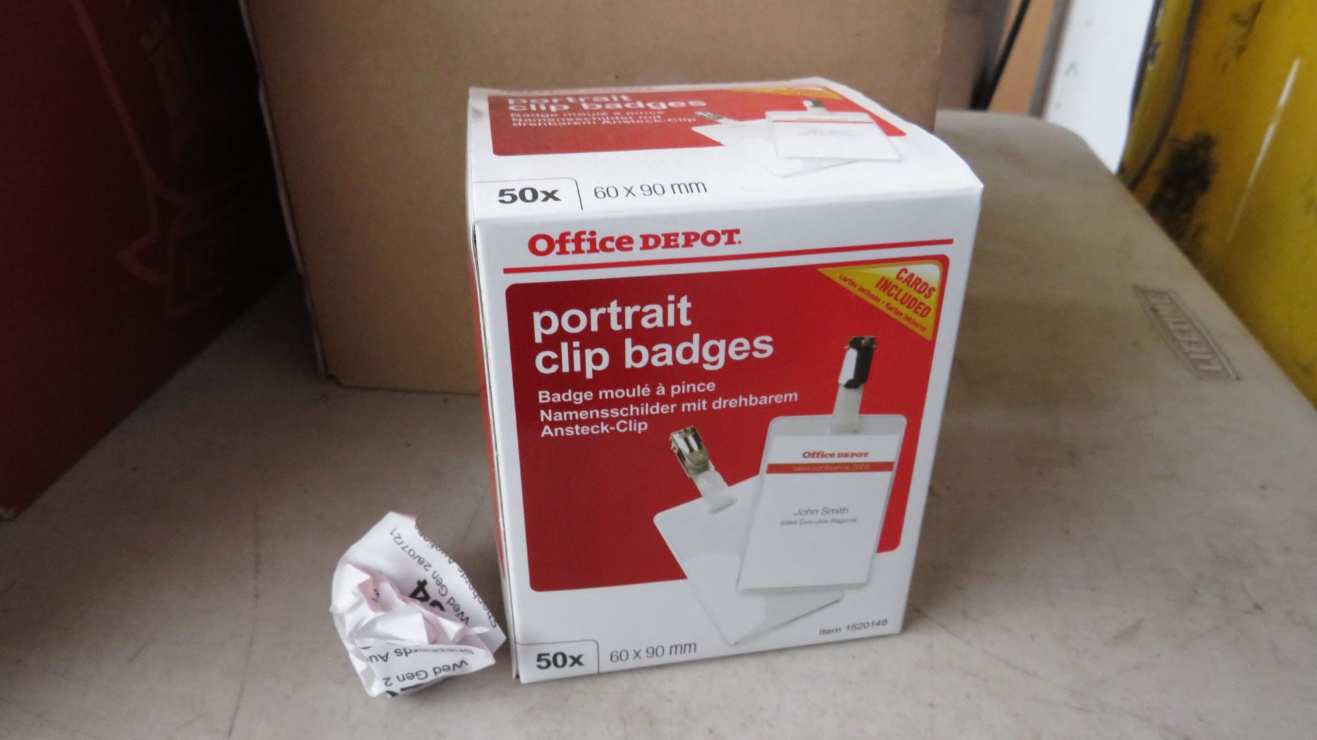 1X OFFICE DEPOT BOX OF 4 PORTRAIT CLIP BADGES, 60CM X 90 CM, UNCHECKED IN BOX