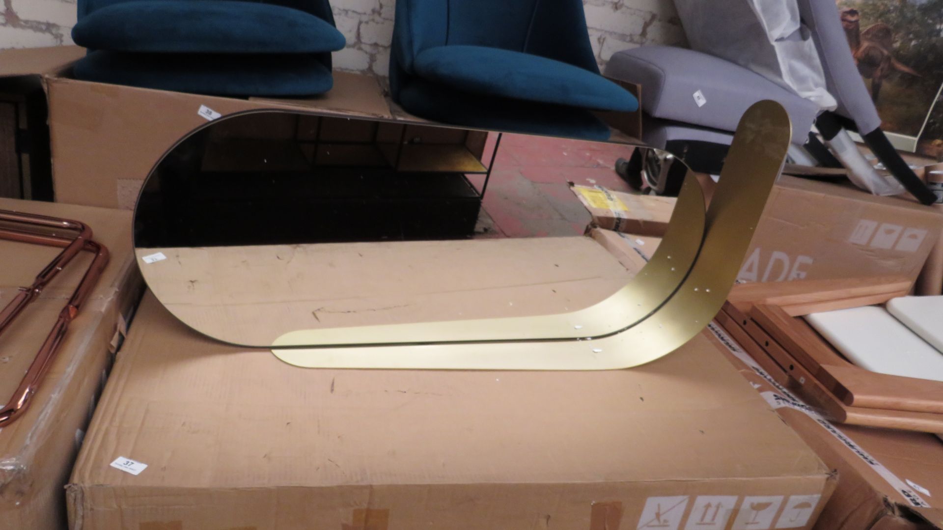 | 1X | MADE.COM TOLIO WALL MIRROR WITH SHELF BRUSHED BRASS | 100 X 40CM | LOOKS UNUSED (NO GUARANTEE