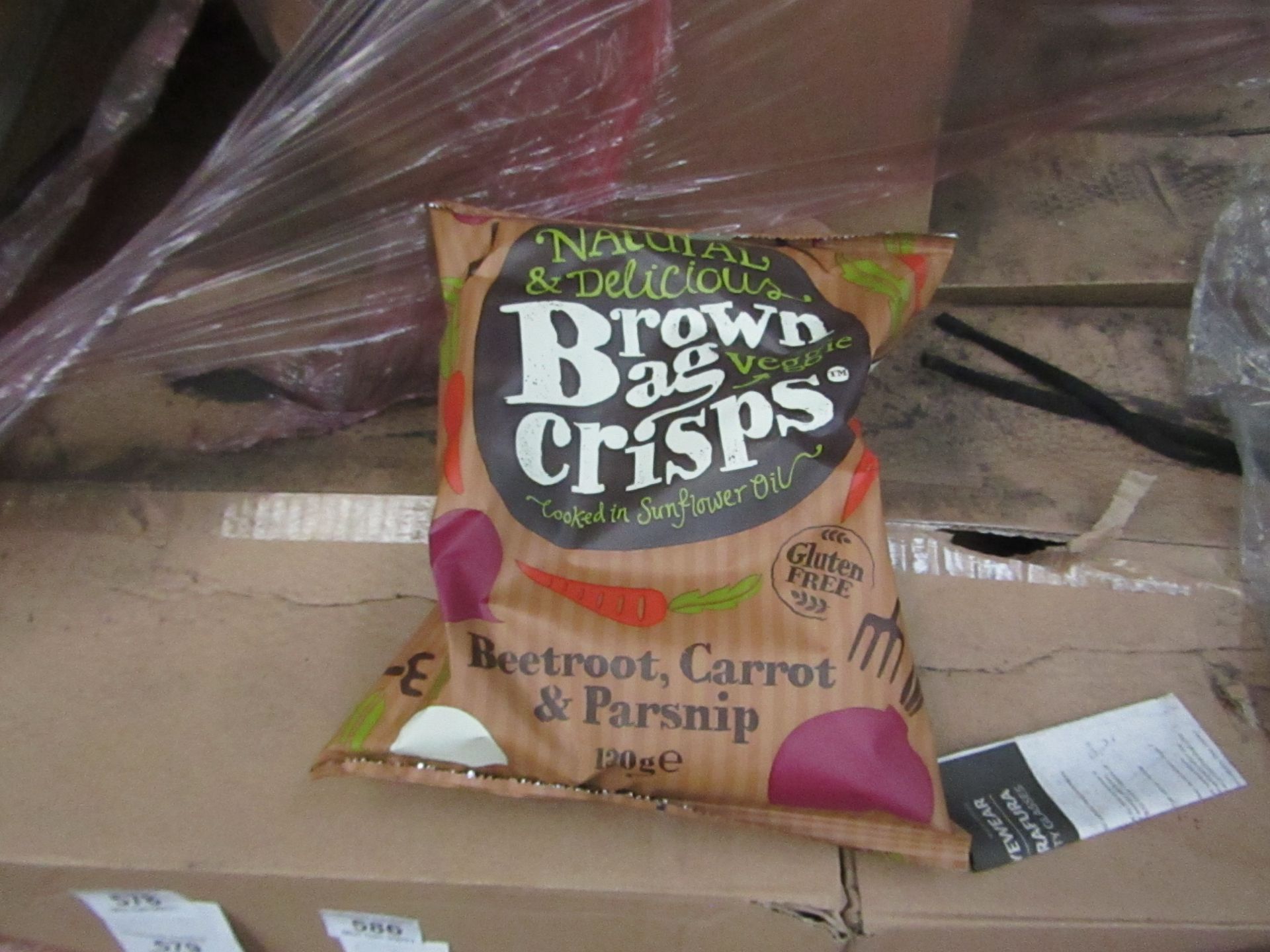 Box of 10x 120g packs of Natural dn Delicious Brown Bag Gluten free Veggie Crisps, Beetroot,