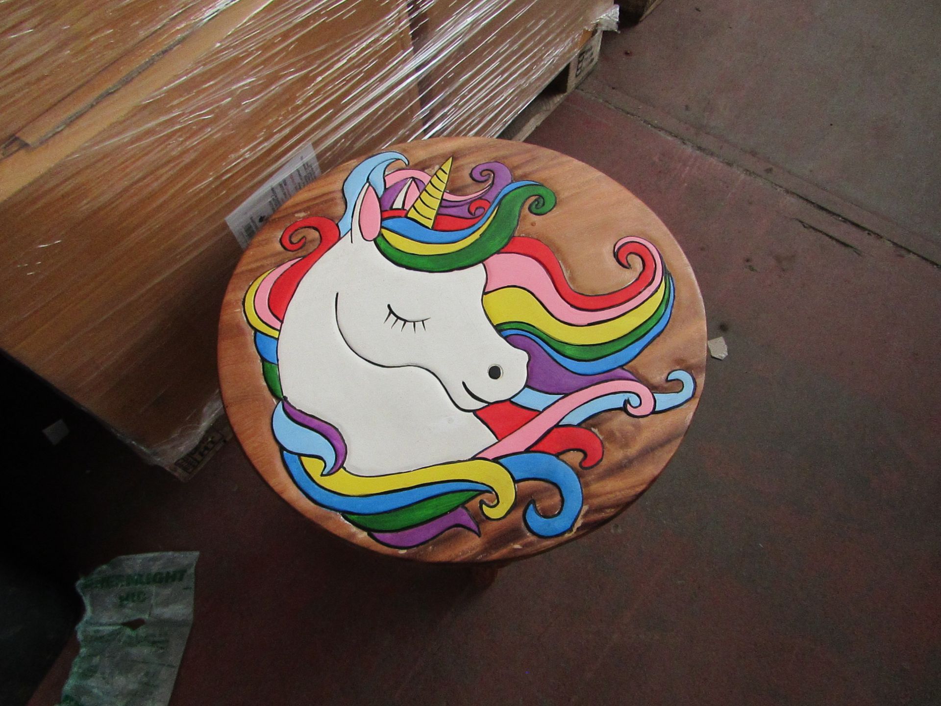 1x Hand Painted Natural solid wood Unicorn Table - Unused