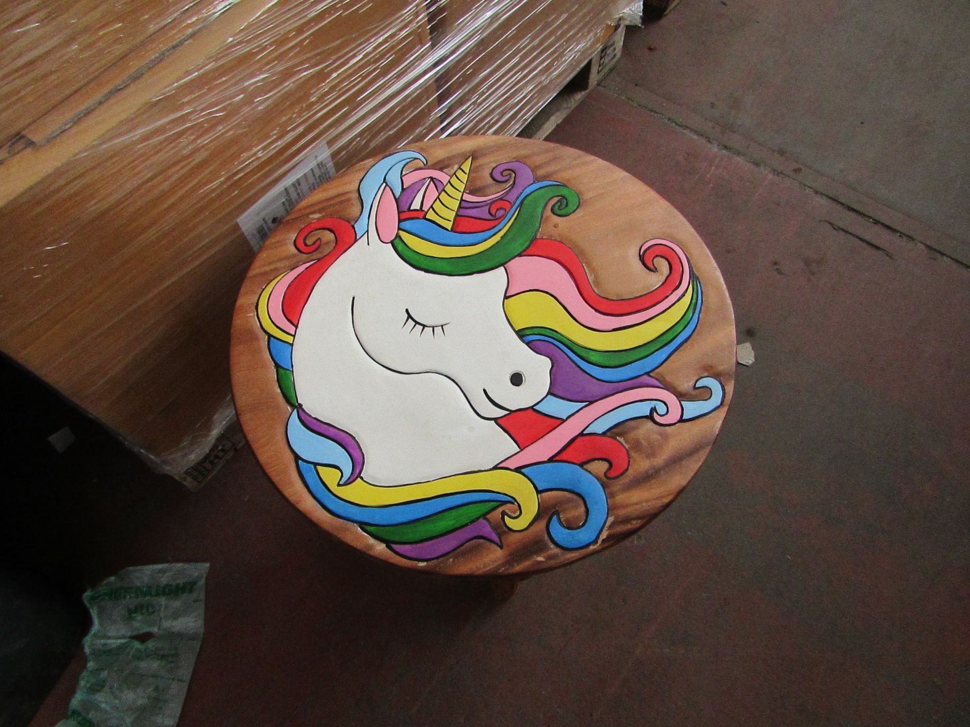 1x Hand Painted Natural solid wood Unicorn Table - Unused