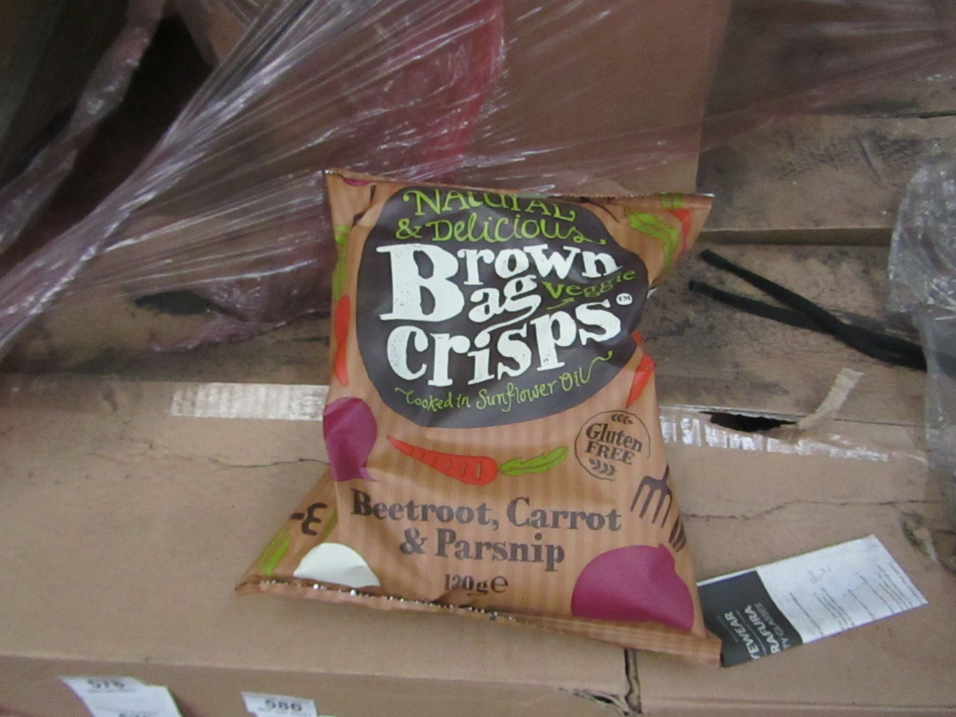 Box of 10x 120g packs of Natural dn Delicious Brown Bag Gluten free Veggie Crisps, Beetroot,