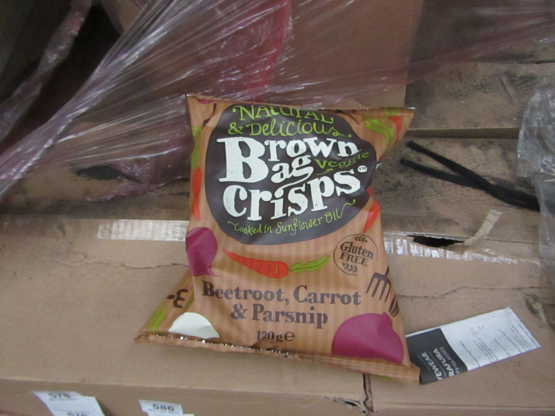 Box of 10x 120g packs of Natural dn Delicious Brown Bag Gluten free Veggie Crisps, Beetroot,