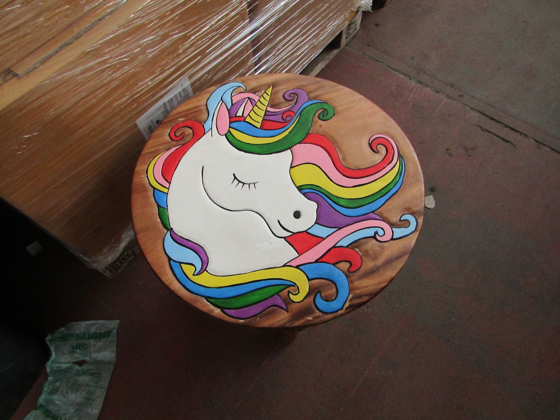 1x Hand Painted Natural solid wood Unicorn Table - Unused