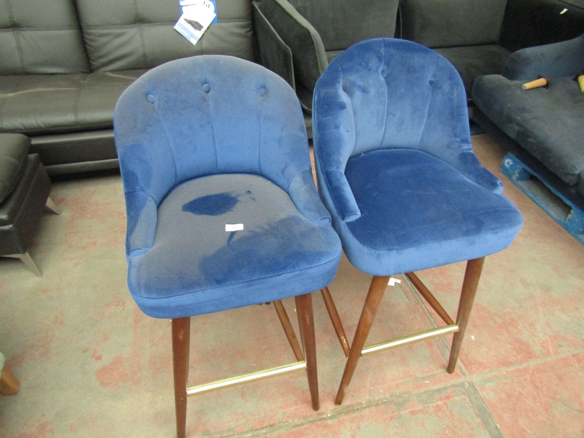 | 2X | MADE.COM MARGOT BAR STOOL, ELECTRIC BLUE VELVET | NEEDS A CLEAN AND HAS IMPERFECTIONS |