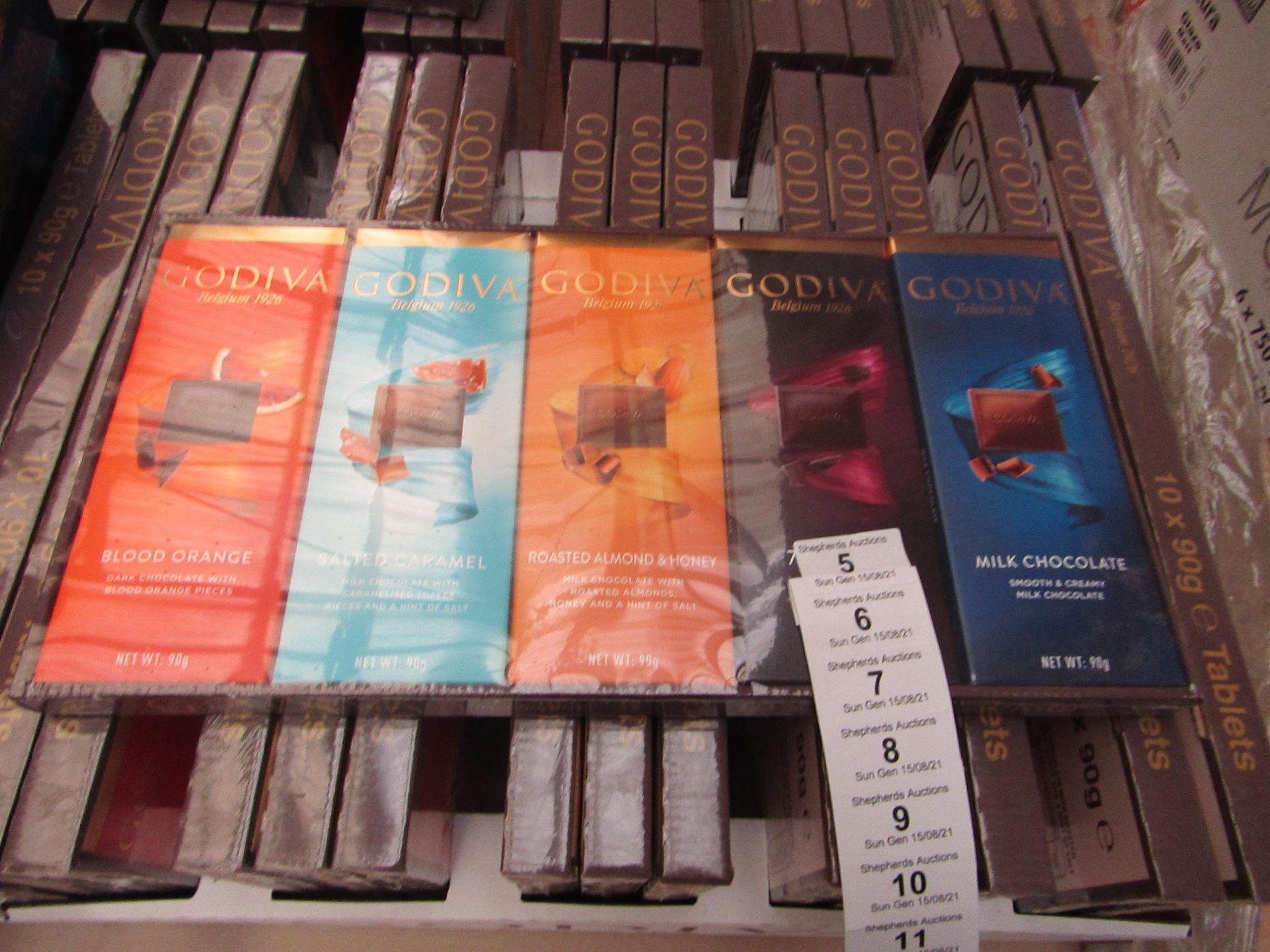 1X BOX CONTAINING 10 GODIVA CHOCOLATE BARS BLOOD ORANGE & SALTED CARAMEL & ROASTED ALMOND & 72%