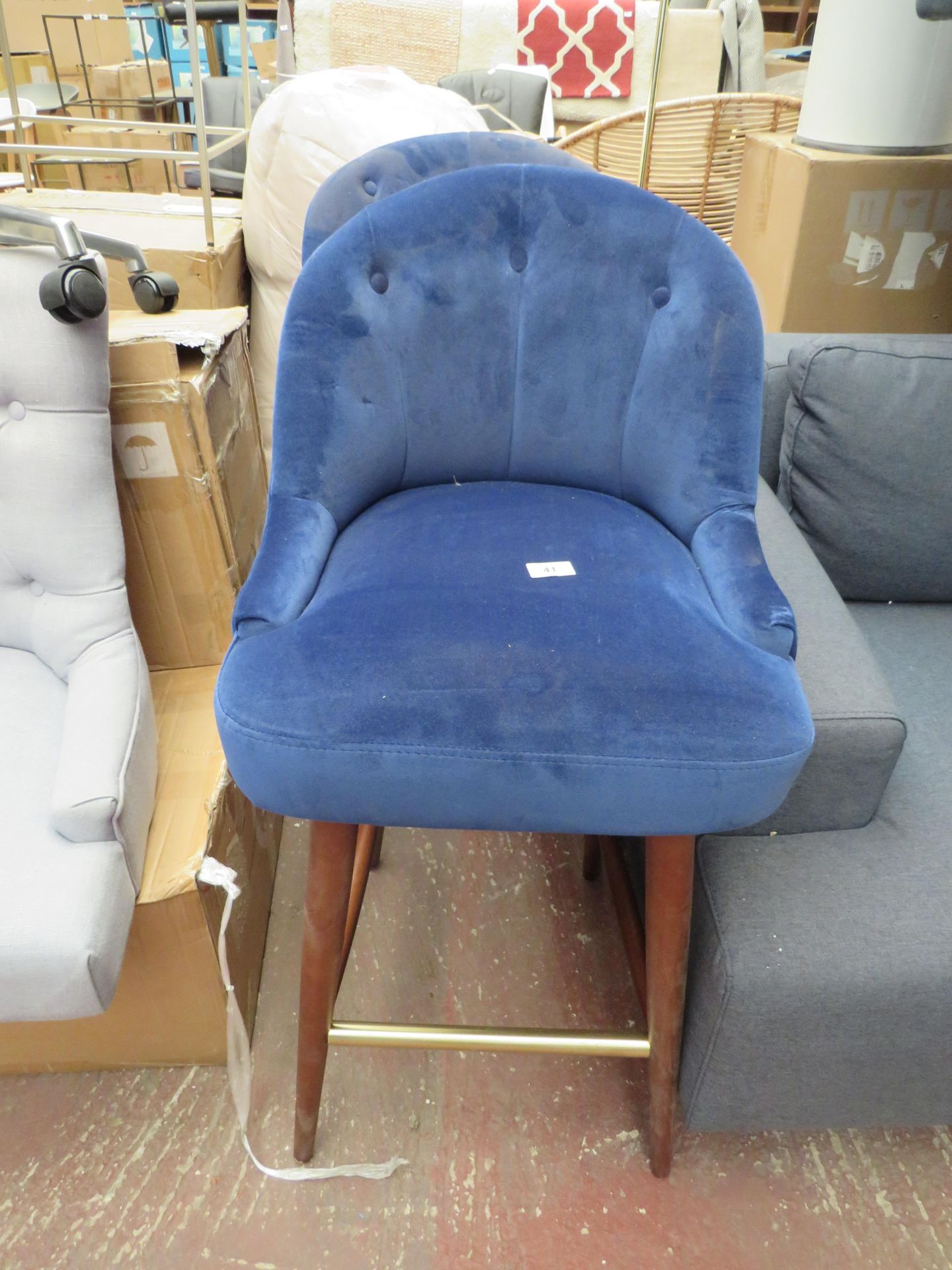 | 1X | MADE.COM MARGOT BAR STOOL, ELECTRIC BLUE VELVET | NEEDS A CLEAN AND HAS IMPERFECTIONS ON