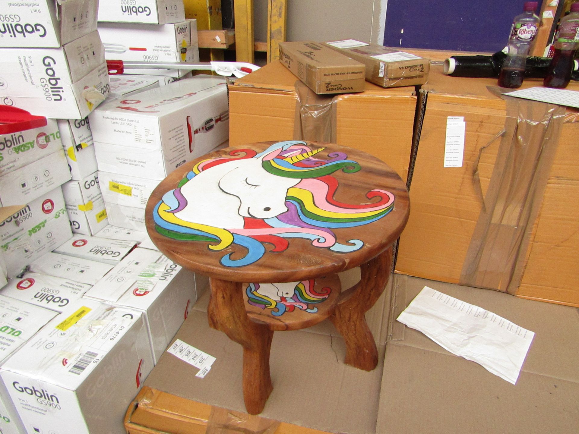 2x Childrens Round Natural Table Unicorn Design - Unchecked & Boxed.