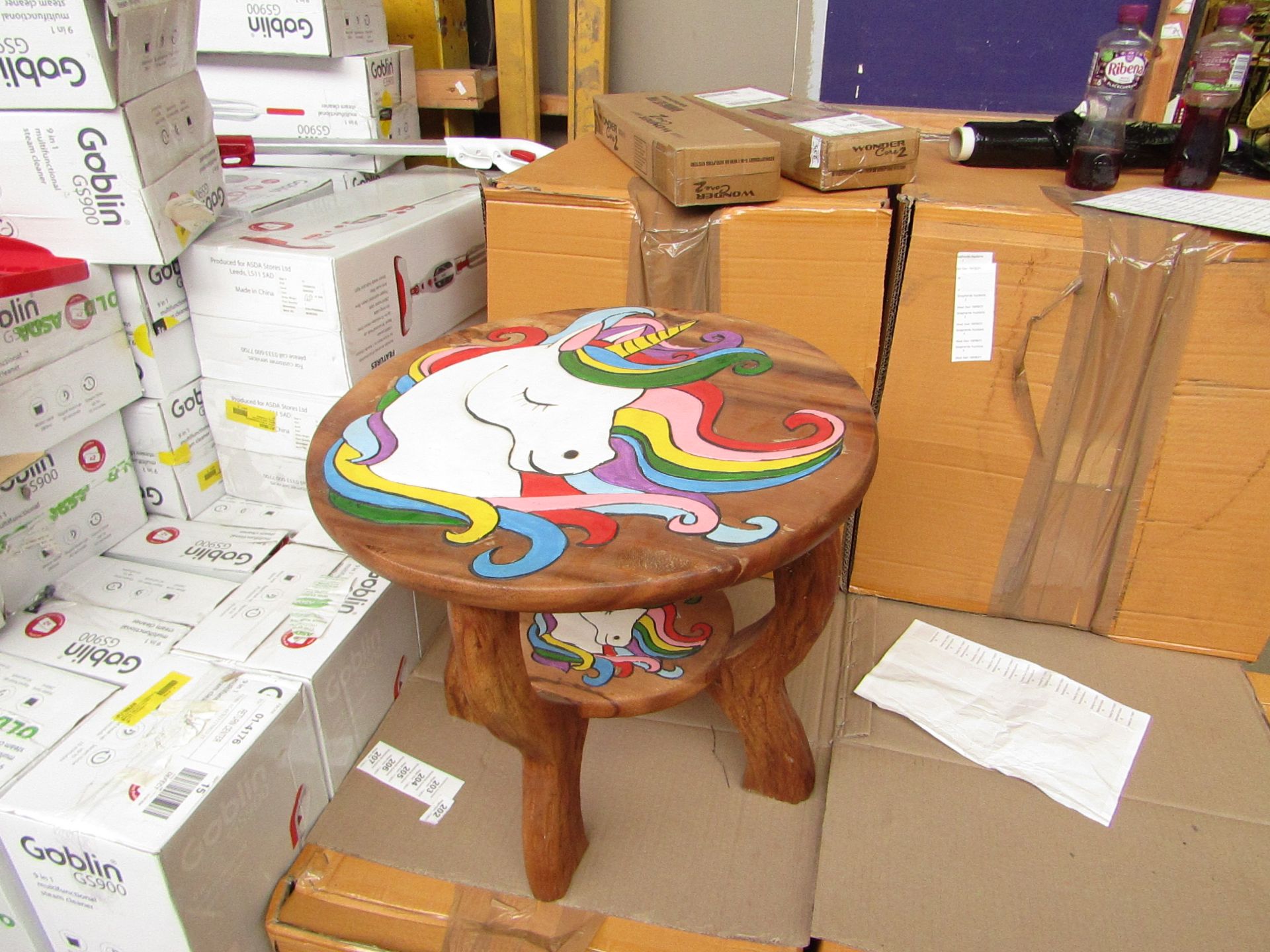 2x Childrens Round Natural Table Unicorn Design - Unchecked & Boxed.