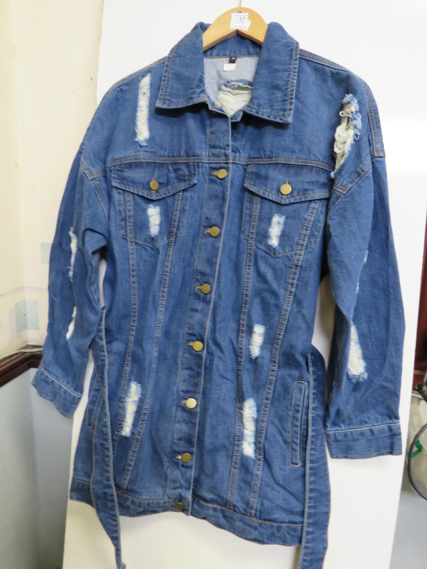 Mens Blue Distressed Belted Denim Jacket size M new