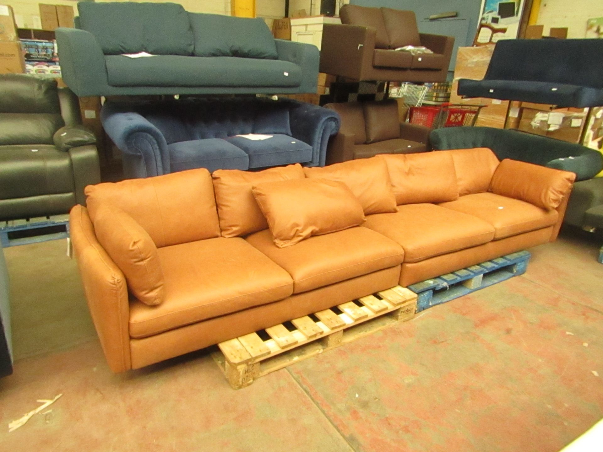 | 1X | MADE.COM VENTO 5 SEATER CORNER SOFA, TEXAS TAN LEATHER | UNCHECKED & NO FEET PRESENT | RRP £