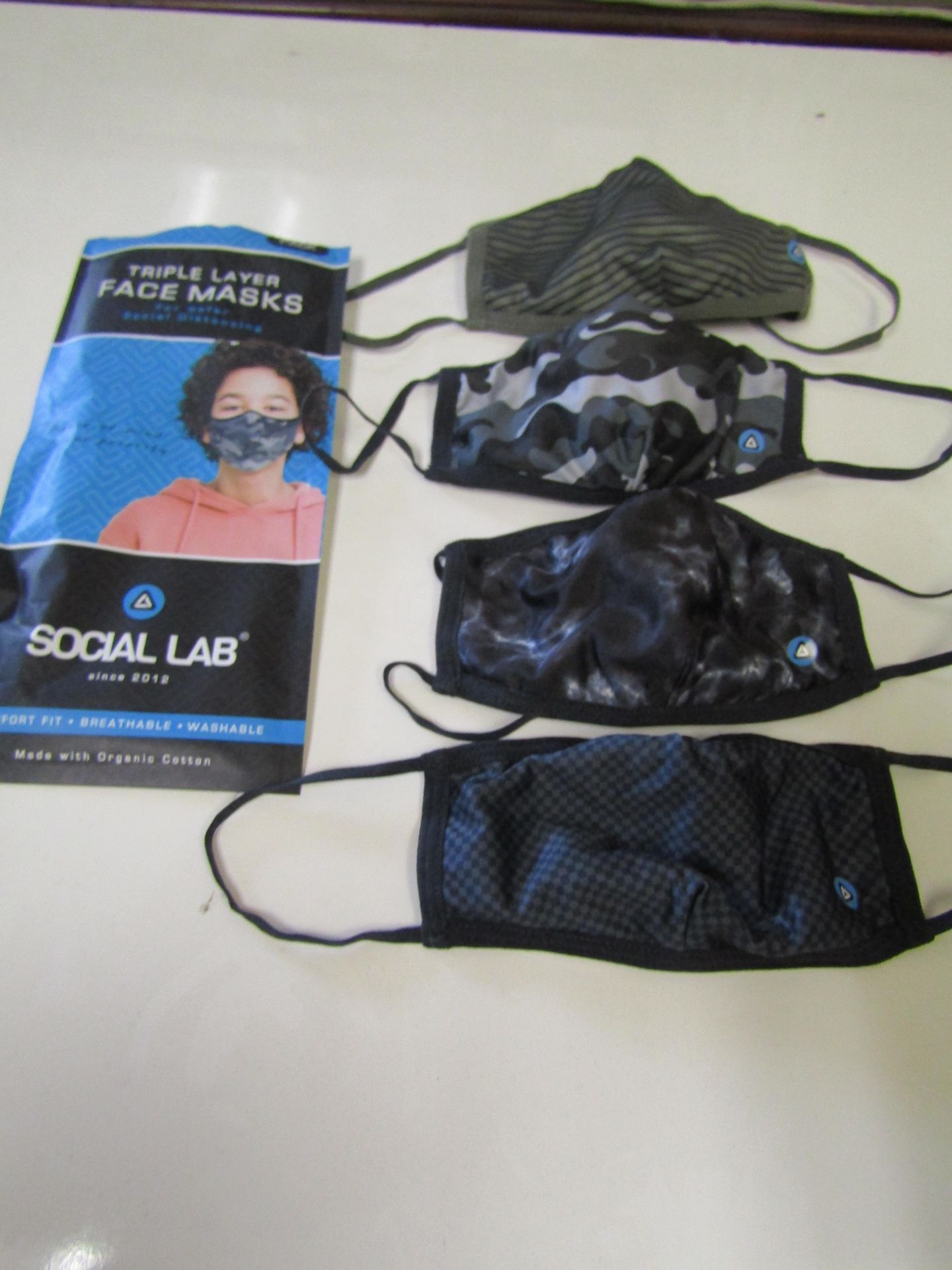 5 x packs (4 masks per pack) of Boys Social Lab Triple Layer Organic Cotton Face Masks RRP £12.99