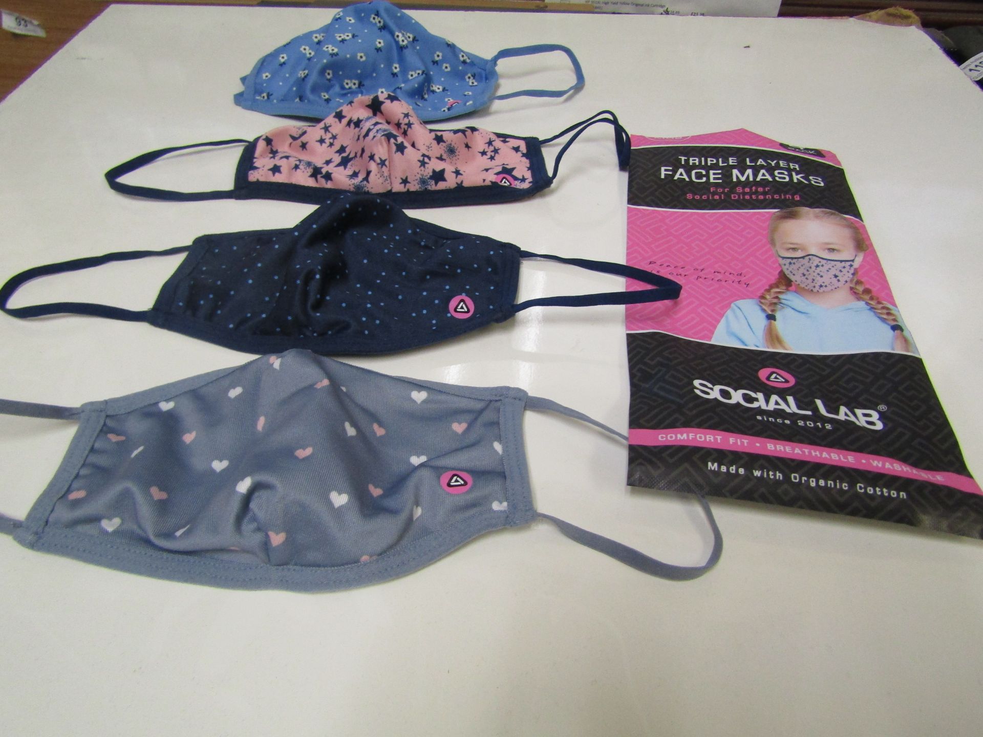 5 x packs (4 masks per pack) of Girls Social Lab Triple Layer Organic Cotton Face Masks RRP £12.99