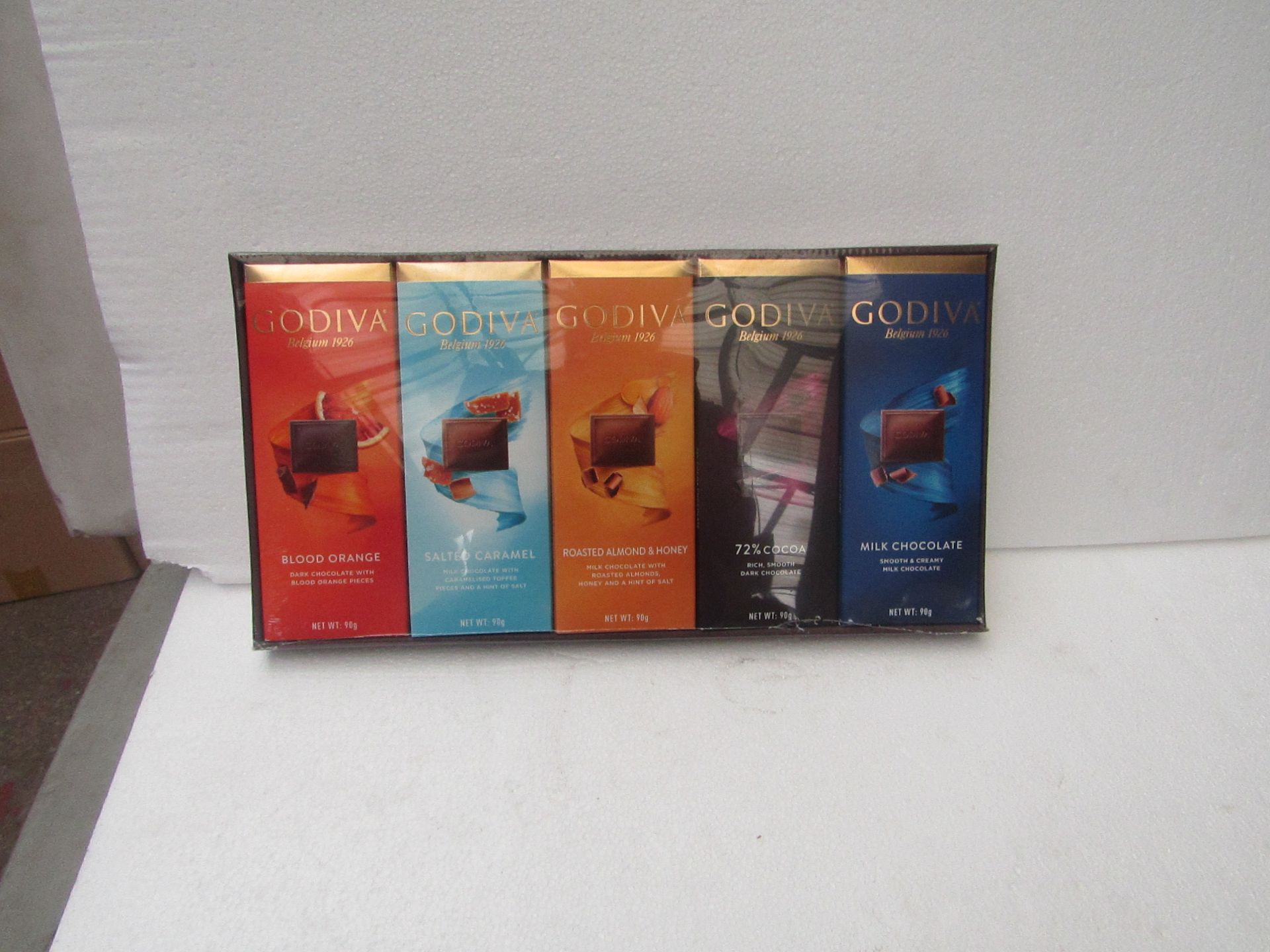 1X BOX CONTAINING 10 GODIVA CHOCOLATE BARS BLOOD ORANGE & SALTED CARAMEL & ROASTED ALMOND & 72% - Image 2 of 2