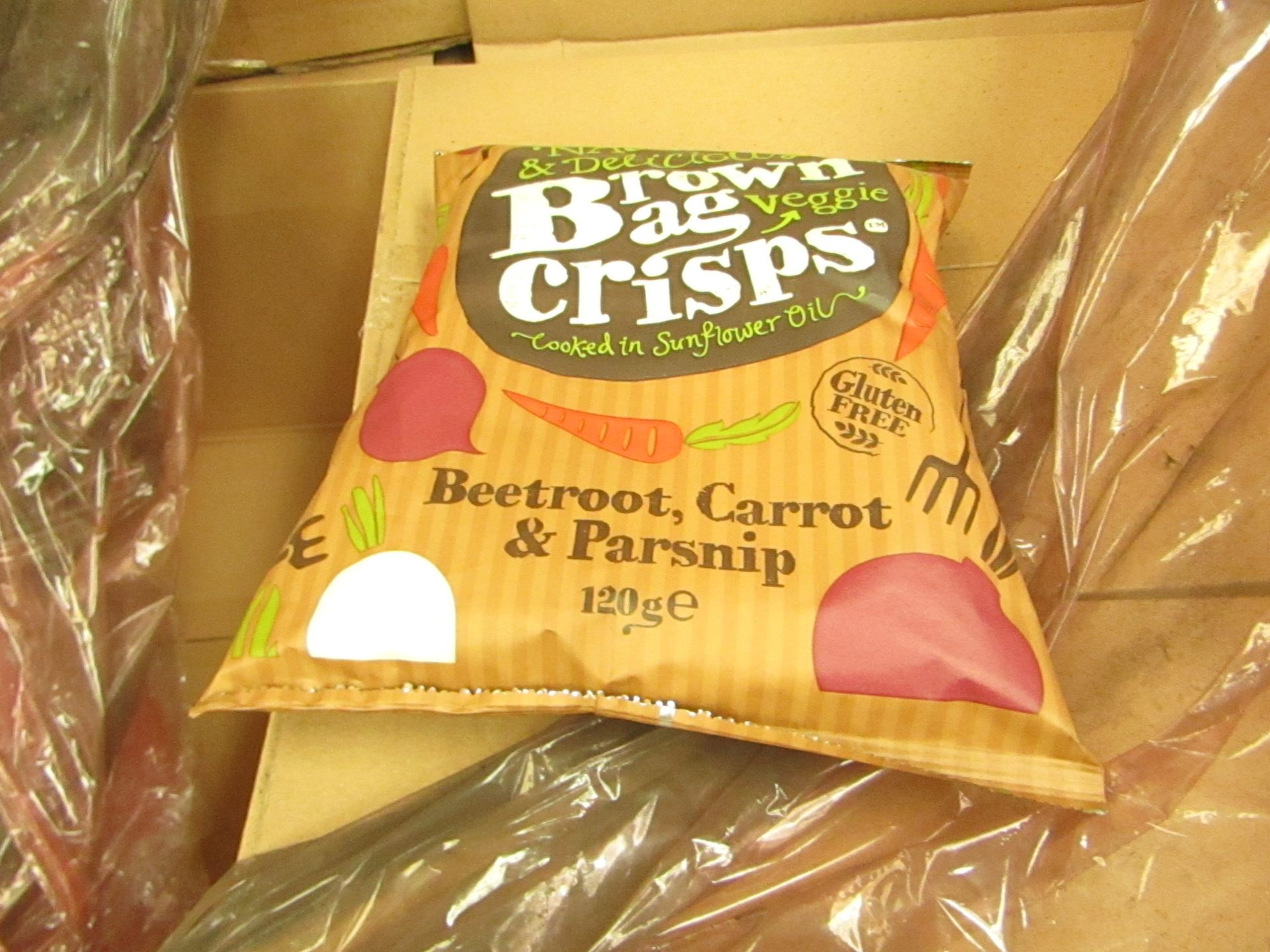 Box of 10x 120g packs of Natural dn Delicious Brown Bag Gluten free Veggie Crisps, Beetroot,