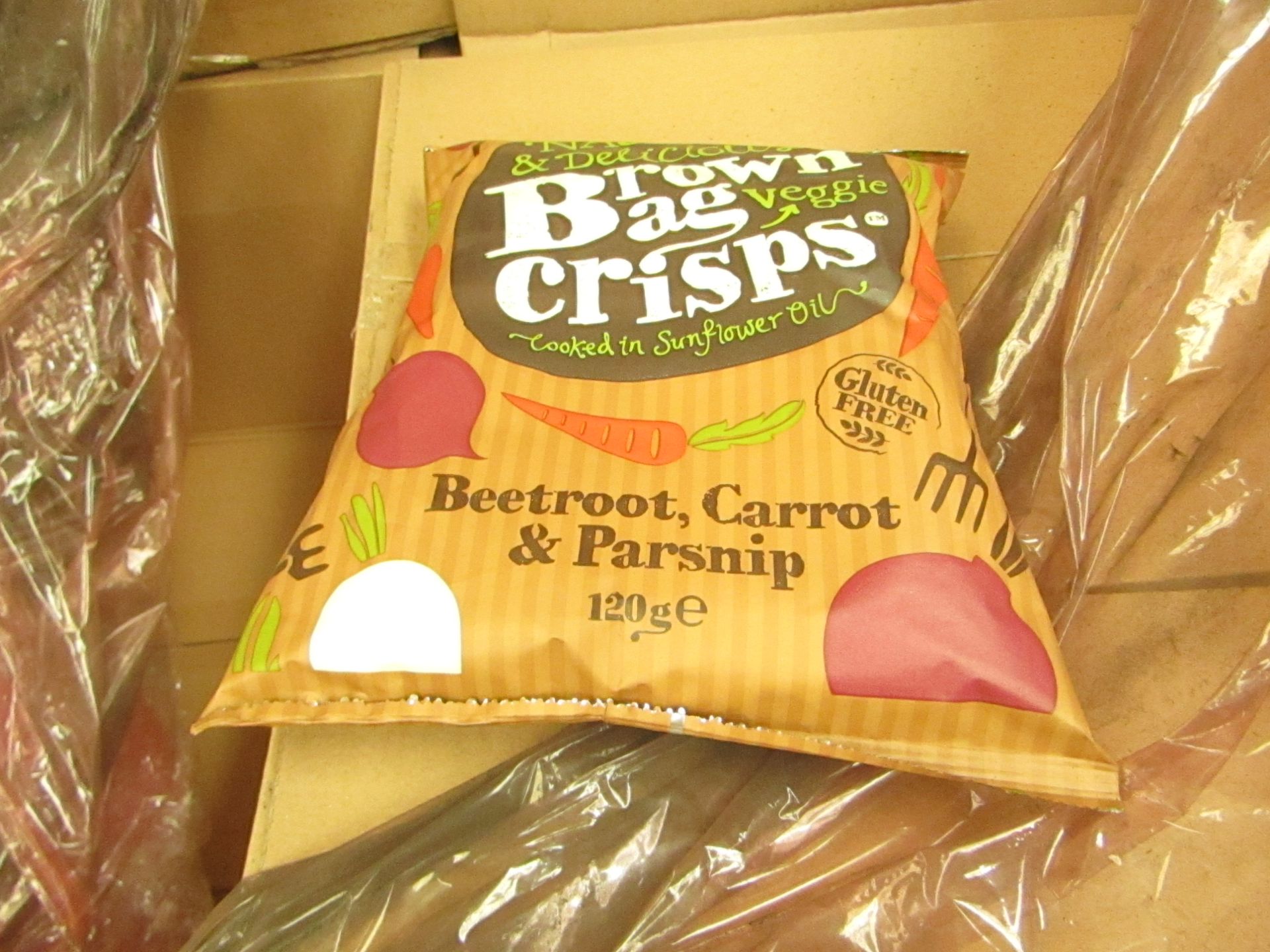 Box of 10x 120g packs of Natural dn Delicious Brown Bag Gluten free Veggie Crisps, Beetroot,