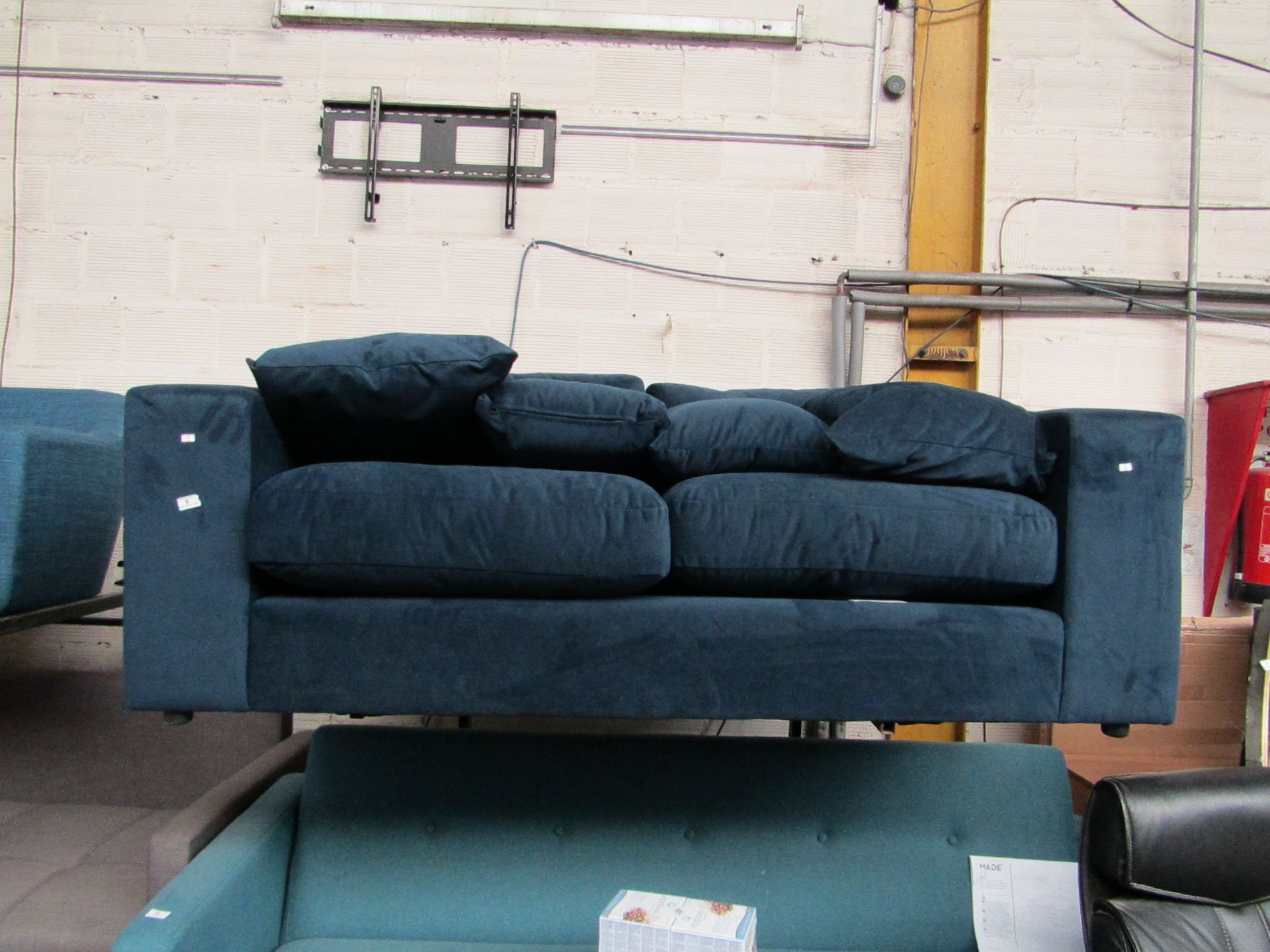 | 1X | SWOON BLUE VELVET 2 SEATER SOFA | NO MAJOR DAMAGE AND INCLUDES FEET | RRP CIRCA £1200 |