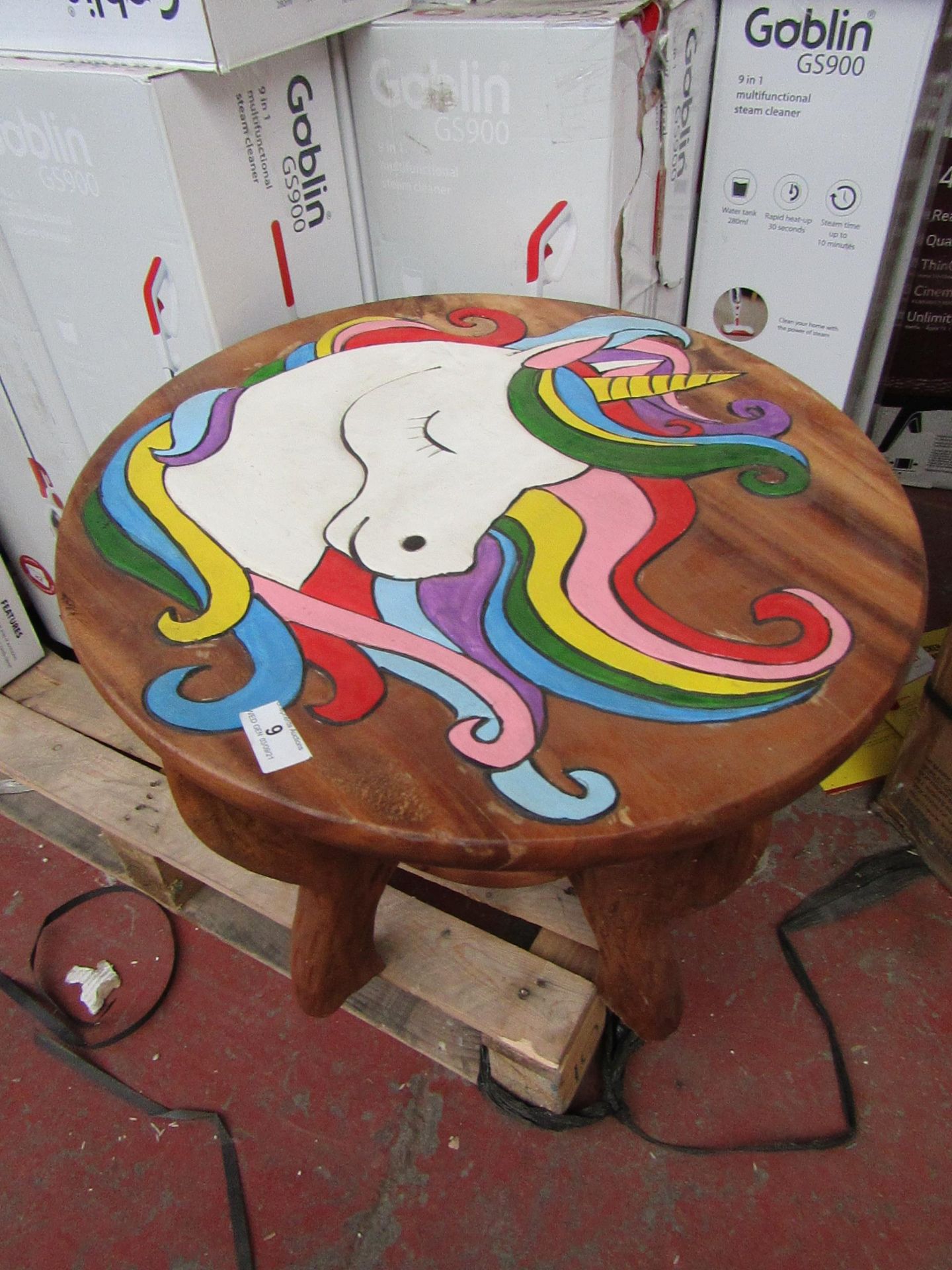 Childrens Round Natural Table Unicorn Design - Unchecked & Boxed.