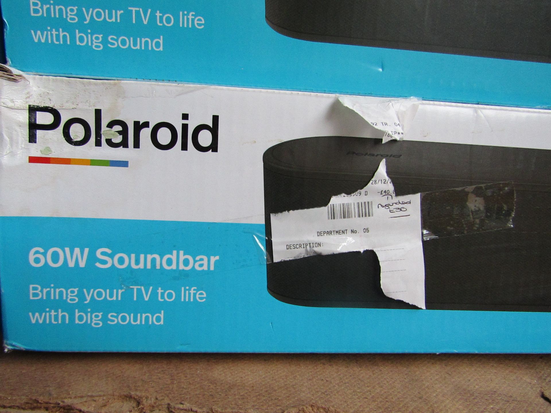 | 1X | POLAROID 60W SOUNDBAR | TESTED WORKING FOR SOUND ONLY AND NOT ALL VOLUME AND BOXED | LOAD REF