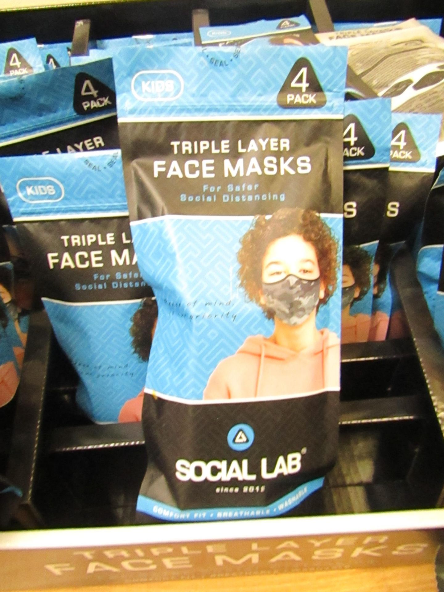 5 x packs (4 masks per pack) of Boys Social Lab Triple Layer Organic Cotton Face Masks RRP £12.99