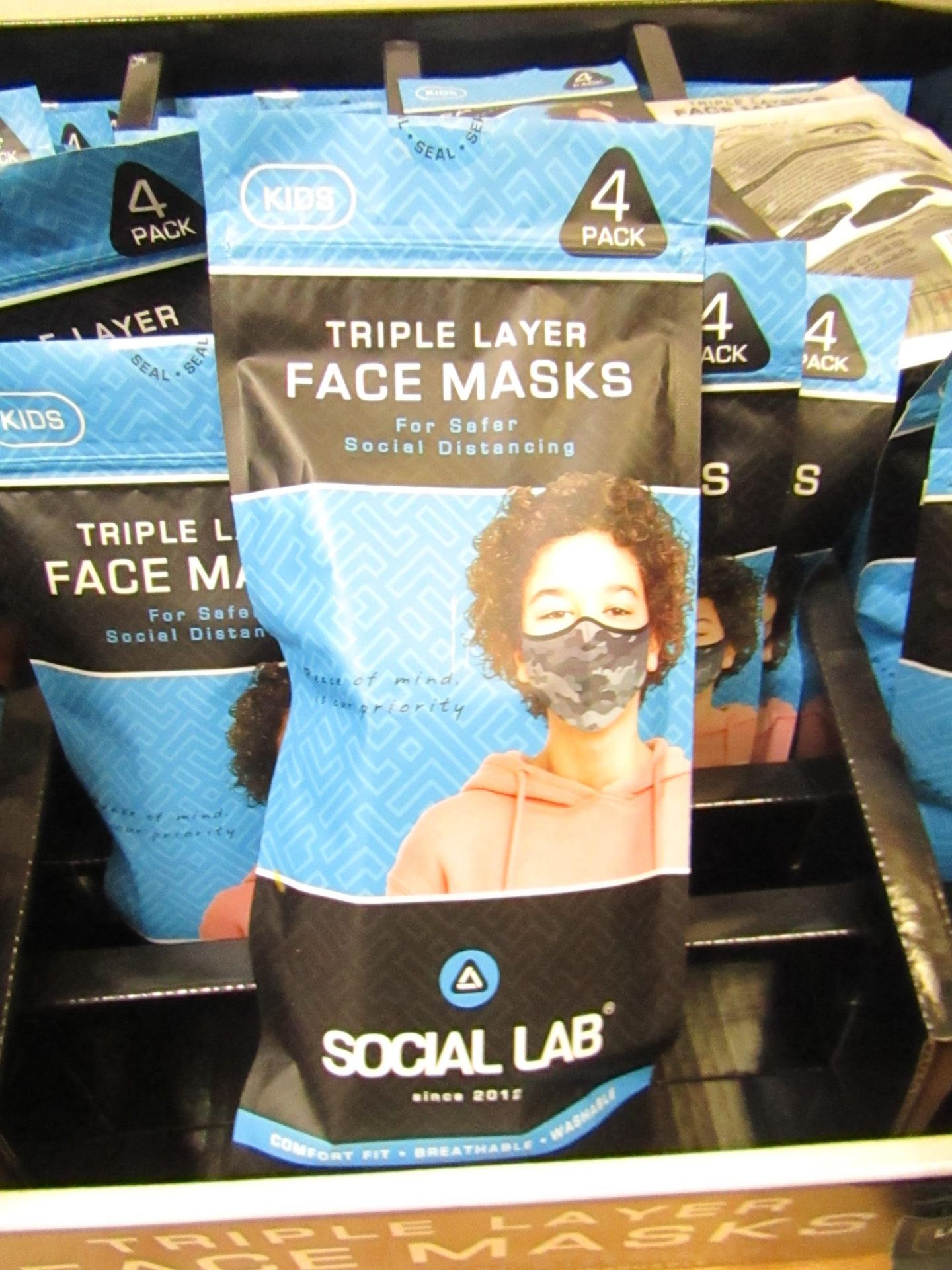 10 x packs (4 masks per pack) of Boys Social Lab Triple Layer Organic Cotton Face Masks RRP £12.99