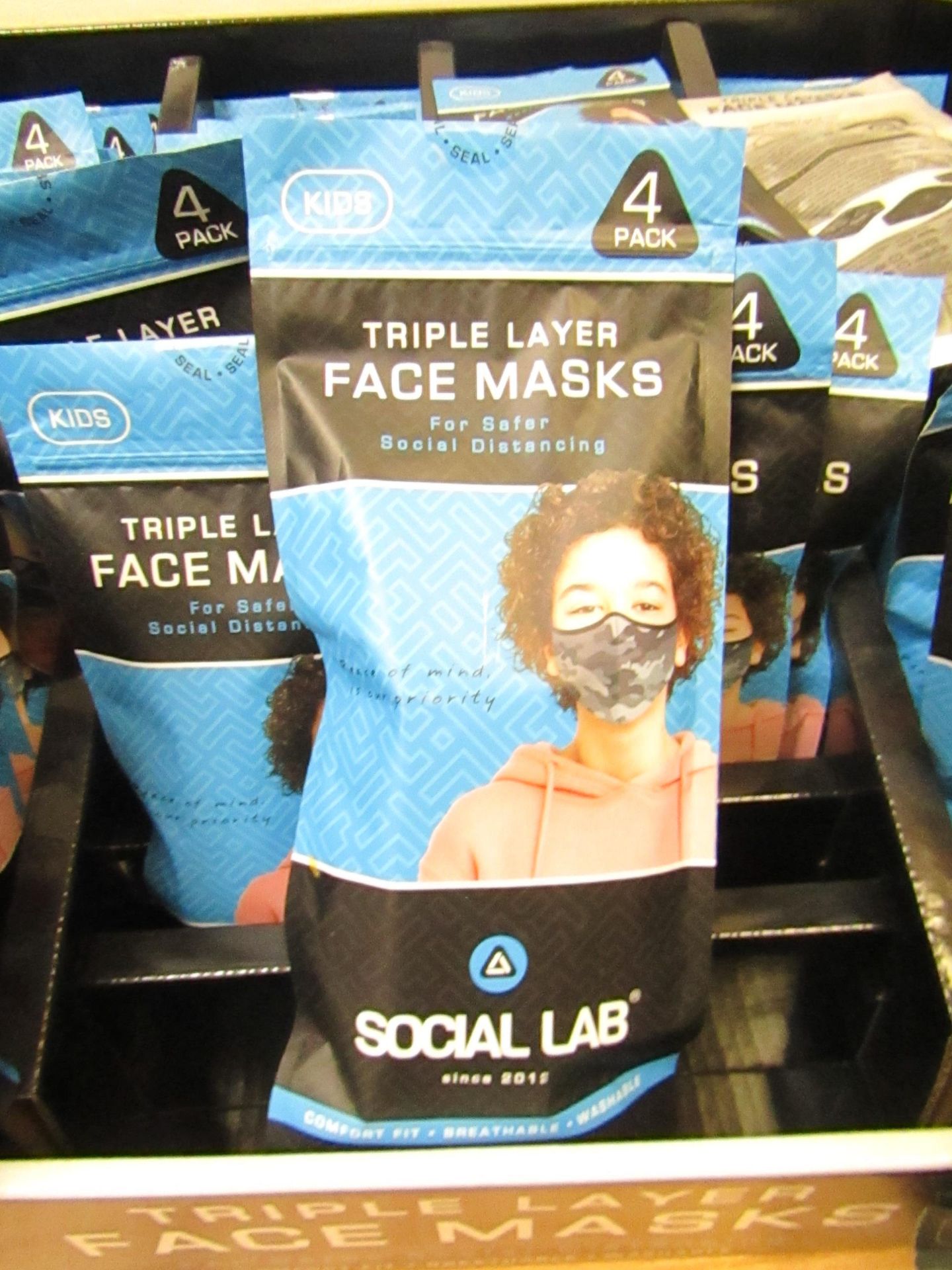 7 x packs (4 masks per pack) of Boys Social Lab Triple Layer Organic Cotton Face Masks RRP £12.99
