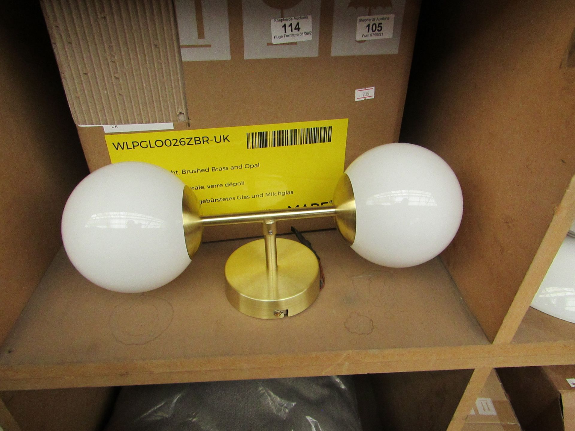 | 1X | MADE.COM GLOBE WALL LIGHT, BRUSHED BRASS & OPAL | LOOKS UNUSED ( NO GUARANTEE ) RRP ?55 |