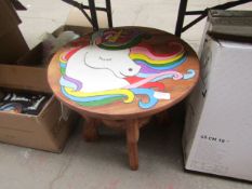 Childrens Round Natural Table Unicorn Design - Unchecked & Boxed.