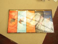 1X BOX CONTAINING 10 GODIVA CHOCOLATE BARS BLOOD ORANGE & SALTED CARAMEL & ROASTED ALMOND & 72%