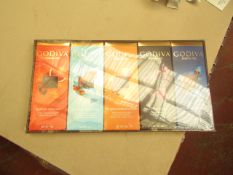 1X BOX CONTAINING 10 GODIVA CHOCOLATE BARS BLOOD ORANGE & SALTED CARAMEL & ROASTED ALMOND & 72%