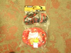 1X KIDS SPORTS SAFETY HELMET WITH KNEE AND ELBOW PADS, UNCHECKED AND PACKAGED.