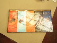 1X BOX CONTAINING 10 GODIVA CHOCOLATE BARS BLOOD ORANGE & SALTED CARAMEL & ROASTED ALMOND & 72%