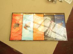 1X BOX CONTAINING 10 GODIVA CHOCOLATE BARS BLOOD ORANGE & SALTED CARAMEL & ROASTED ALMOND & 72%